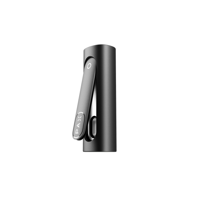 PAX FLOW portable vaporizer with matte-black cylindrical body, hinged mouthpiece featuring the PAX logo; designed for dry herb and concentrate use.