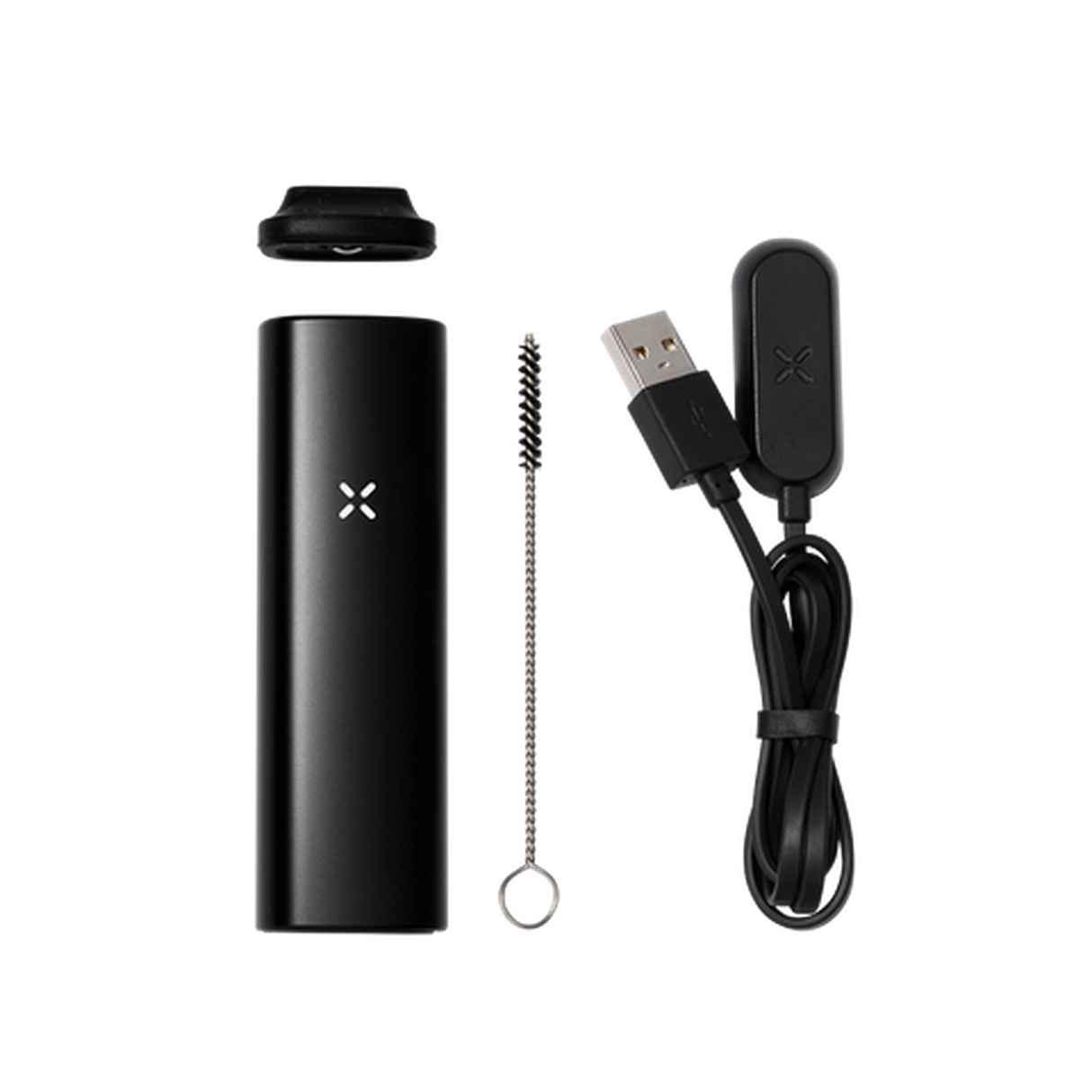 PAX Plus Dry Vaporizer Starter Kit featuring a black device with visible cable, includes mouthpieces, wire brush, and USB charge cable for convenient use.