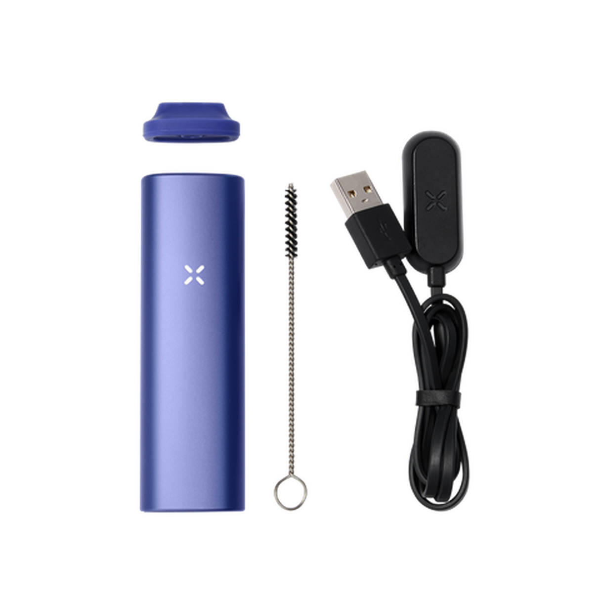 PAX Plus Dry Vaporizer Starter Kit featuring a blue device with a black cord and visible black earbuds. Includes essential accessories for versatile use.