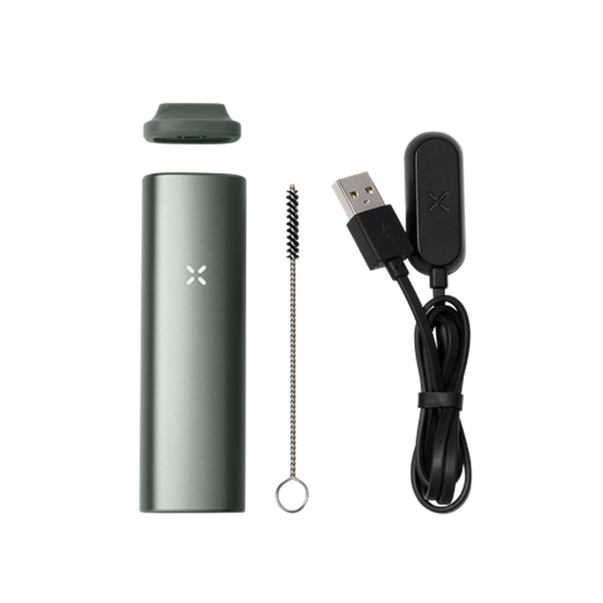 PAX Plus Dry Vaporizer Starter Kit with a green device, black cord, and earbuds, featuring mouthpieces, oven lid, screen, wire brush, and USB cable.