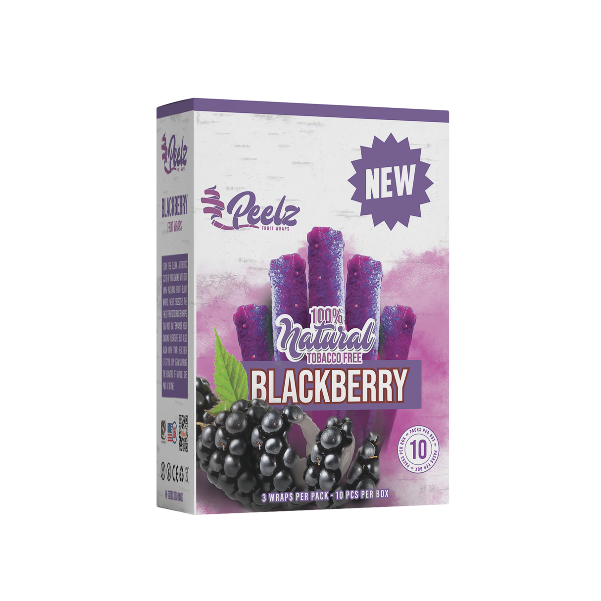 Blackberry Fruit Wrap - 3 Pack - Carton 10 features close-up of a leaf, a black wrap, and a purple label with white text, highlighting its natural, smooth flavor.