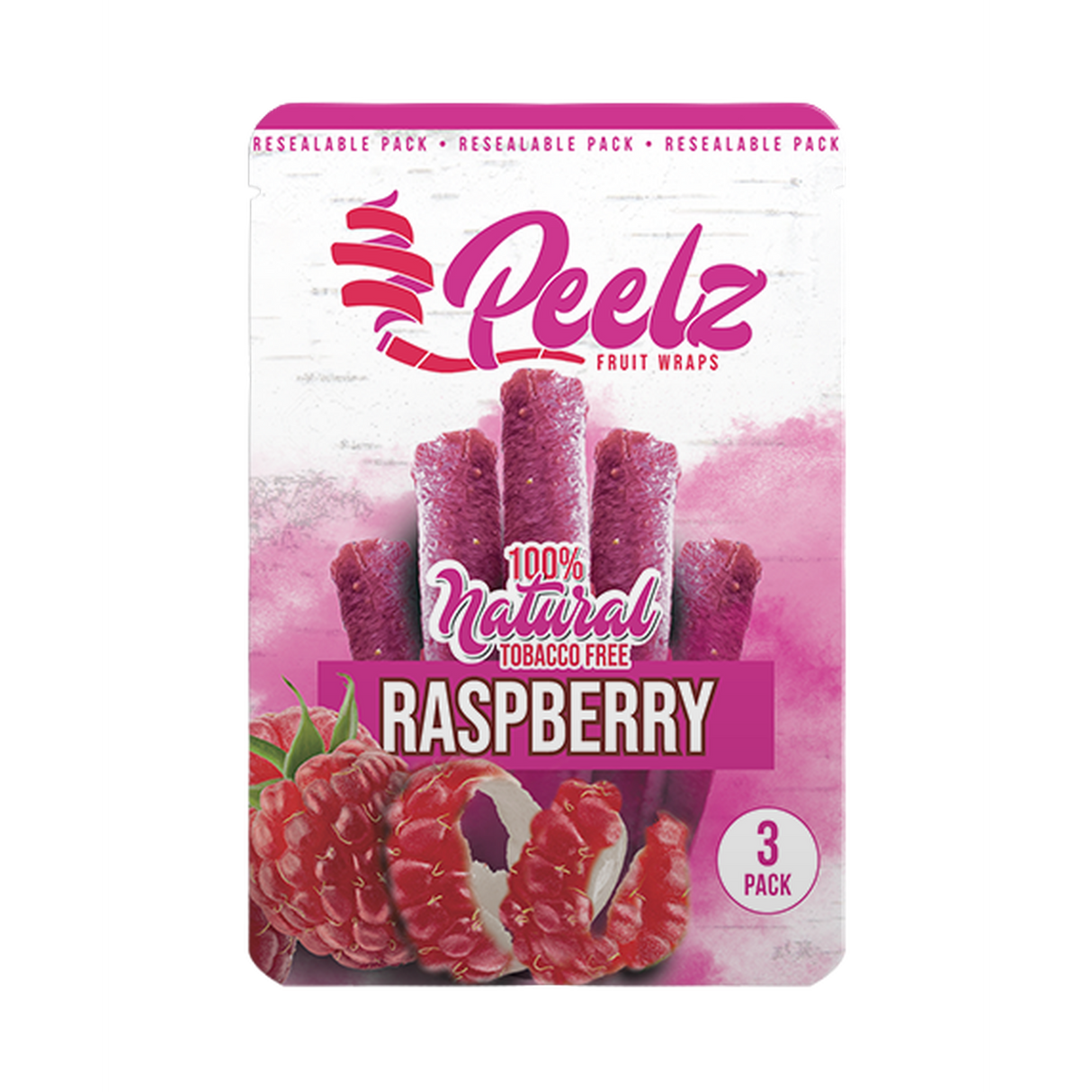 Raspberry Fruit Wrap - 3 Pack - Carton 10 shown with close-up of fruit, highlighting raspberry-based, easy-to-roll, nicotine-free wraps designed for a slow, even burn.