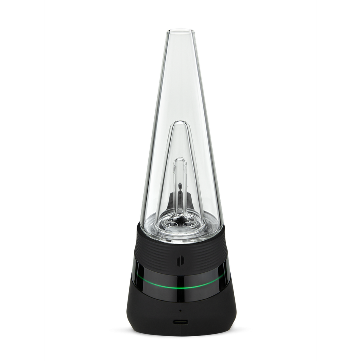 Peak Electric Dab Rig - Onyx, featuring a close-up of its hand-blown glass bubbler, ceramic bowl, and innovative black and clear lamp design for smooth dabbing.