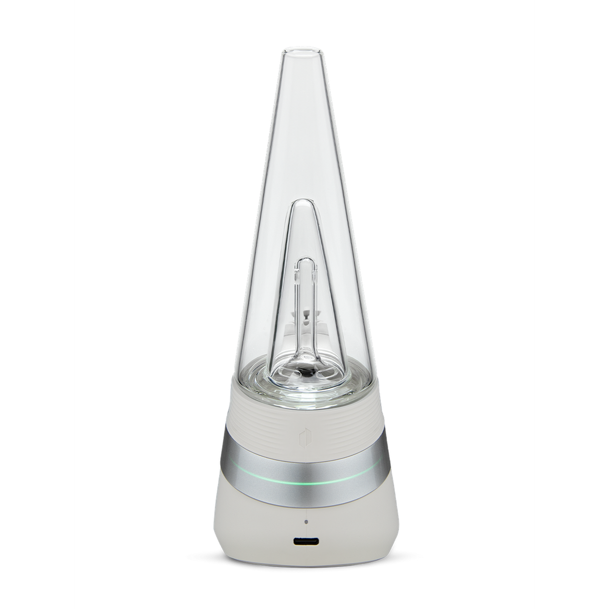 Close-up of Puffco Peak Electric Dab Rig - Cloud, featuring a clear glass bulb and tube, part of a sleek white and silver lamp design.