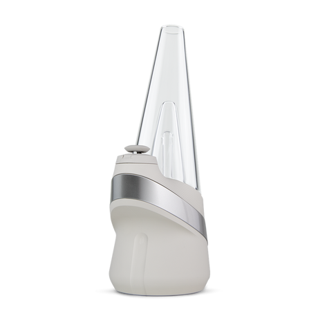 Peak Electric Dab Rig with a clear conical reservoir on a white-silver base, featuring a control knob, designed for efficient, flavorful dabbing with smart heat settings.