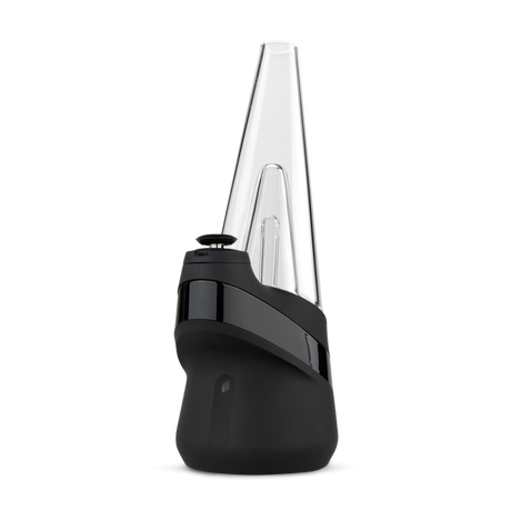 Close-up of the Puffco Peak Electric Dab Rig - Onyx, showcasing its sleek design with a hand-blown glass bubbler and intuitive single-button operation.