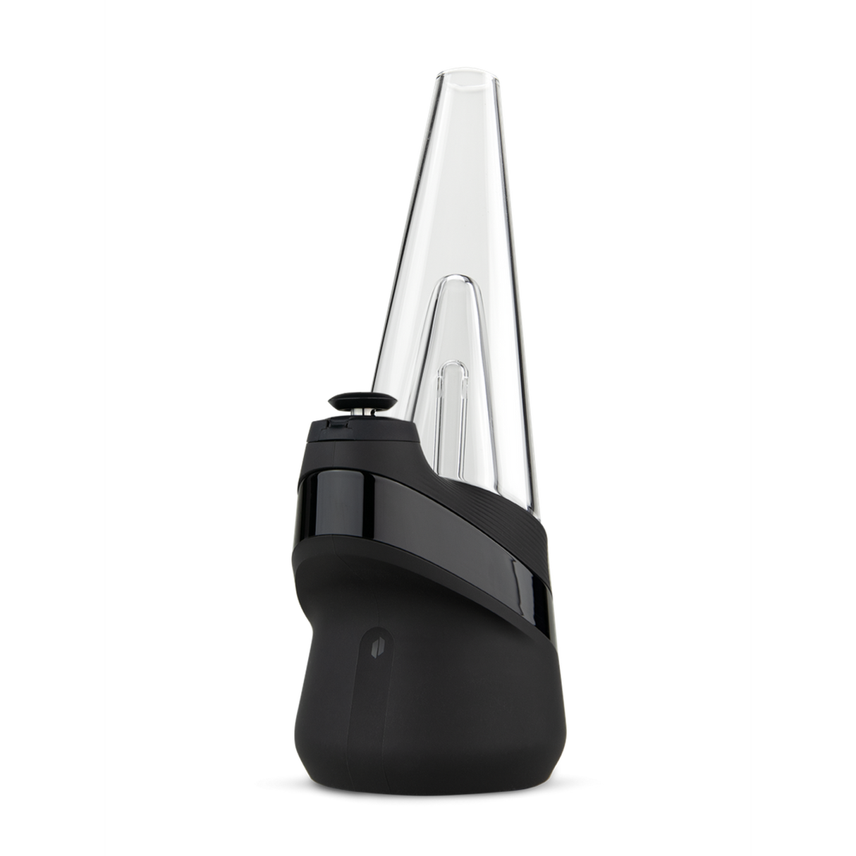 Close-up of the Puffco Peak Electric Dab Rig - Onyx, showcasing its sleek design with a hand-blown glass bubbler and intuitive single-button operation.