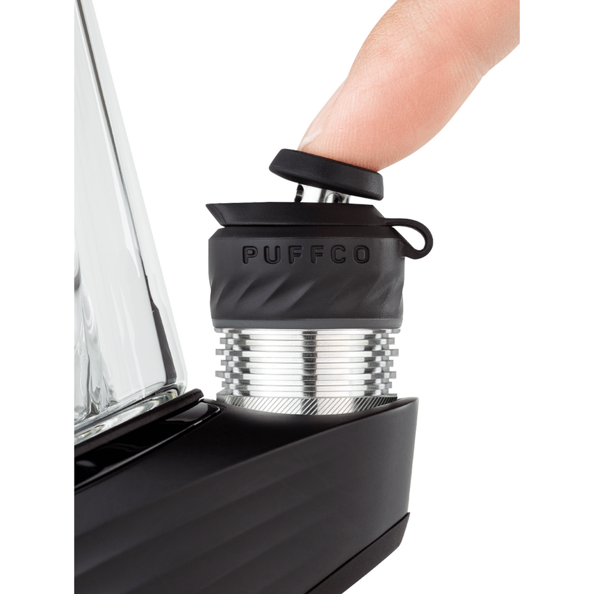 Close-up of Peak Pro 3DXL Electric Dab Rig - Onyx, showcasing its ergonomic design with an XL Joystick Carb Cap and advanced 3DXL Chamber.