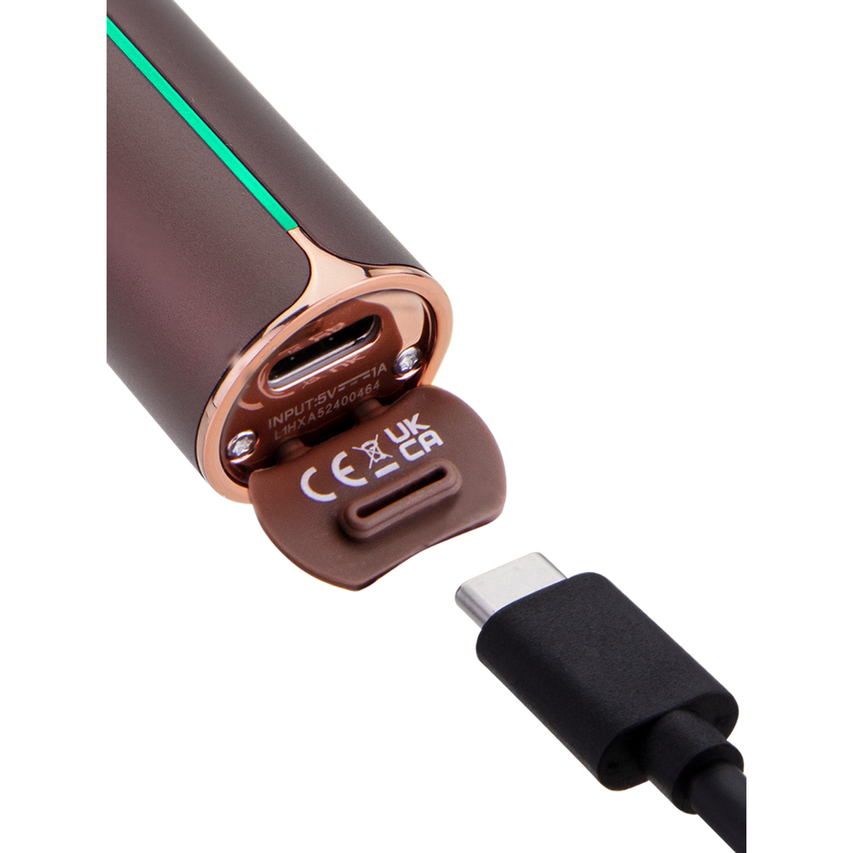 Close-up of Pivot Electric Dab Pen showing the USB-C port and cable, highlighting its compact design for portability and discreet use.