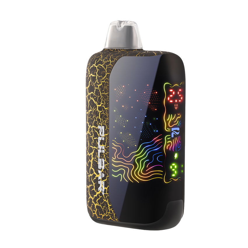 Pulsar DL 6.0 Crackle 510 Battery featuring a black crackle-textured panel, colorful neon patterns, built-in mouthpiece, and sleek design for discreet use.
