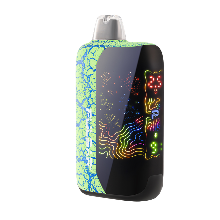 DL 6.0 Crackle 510 Battery: Compact vape with a cracked green panel, black front, neon patterns, clear pod, and LED for precision control.