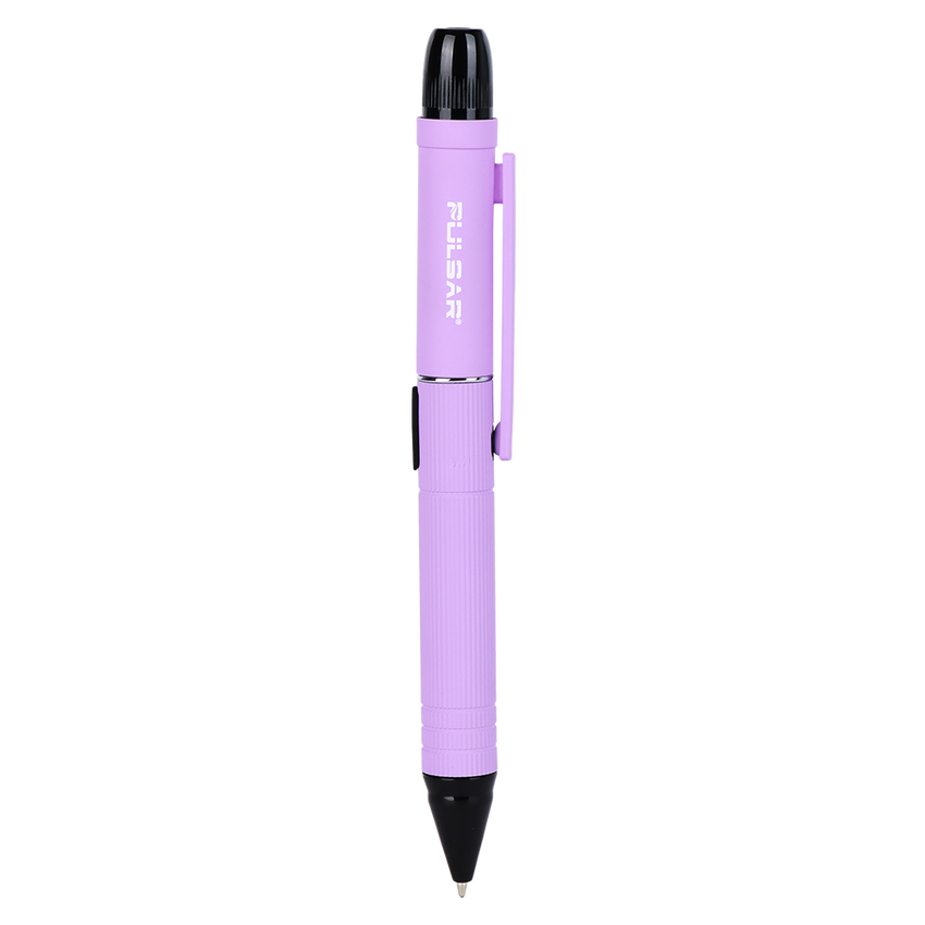 DL Scribe 510 Vape Pen Battery, purple-anodized, features a ballpoint tip, black clip, cap, and integrated LED module for versatile functionality.