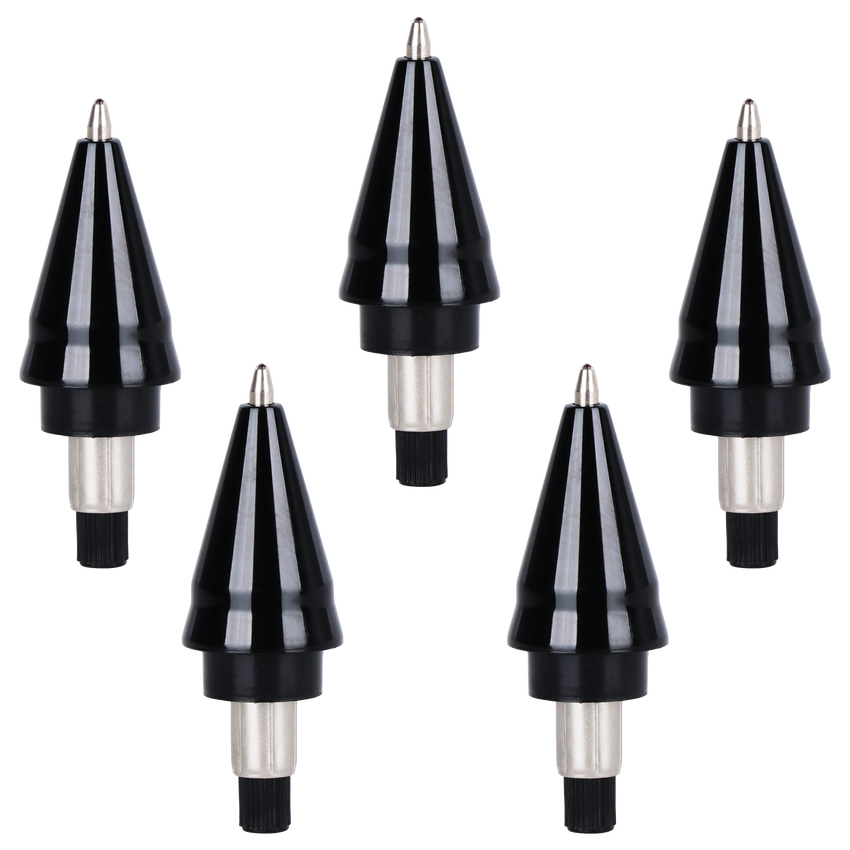 DL Scribe 510 Vape Pen Battery's six interchangeable nozzle attachments for precise cleaning, featuring black plastic cones with metal adapters and fine bristle rings.