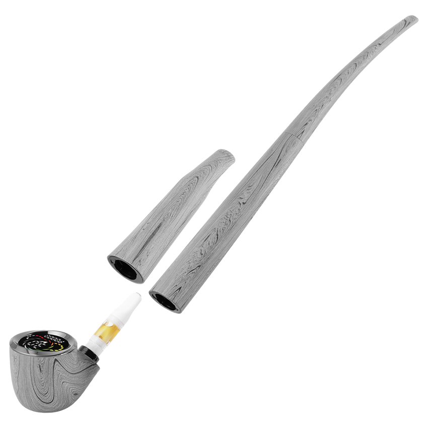 Disassembled 510 DL Wizard Pipe VV Vaporizer, showcasing the bowl with heating assembly, golden oil cartridge, and two wood-textured tube sections for mouthpiece assembly.