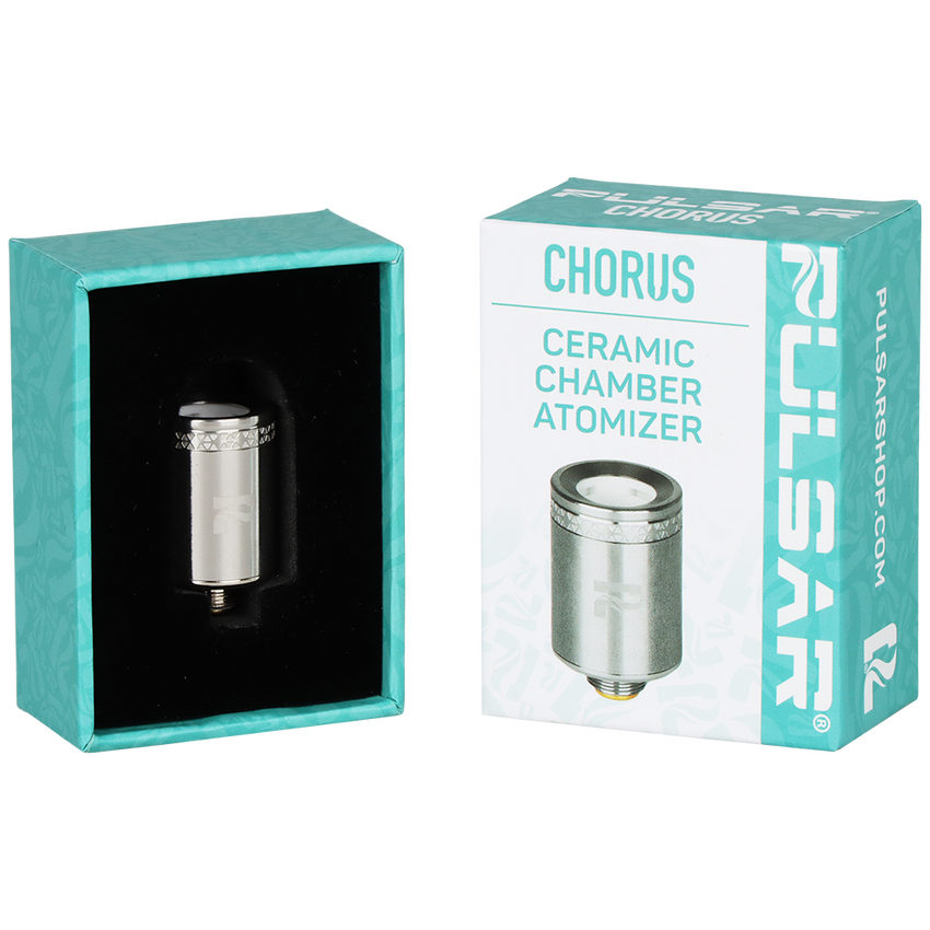 Chorus Ceramic Chamber Atomizer packaging with an open box revealing the stainless-steel atomizer in black foam, designed for the Pulsar Chorus Concentrate Vaporizer.