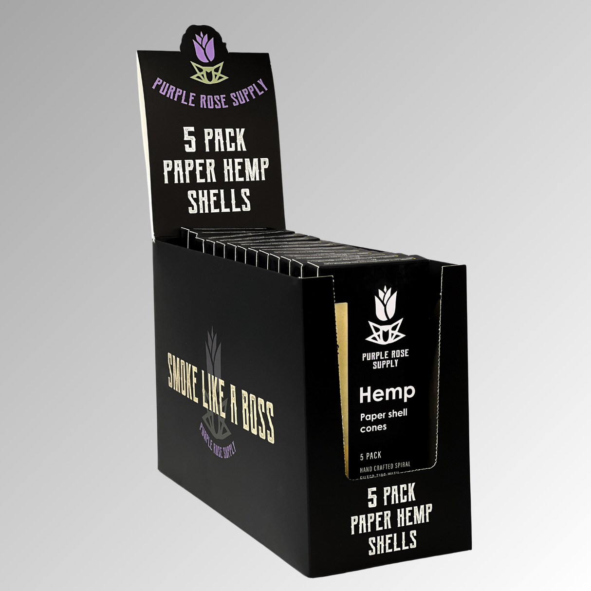 Personal Shell Cones - Carton of 13: Black box with white text, containing pre-formed paper shells for cannagars, enhancing smoking with convenience and premium quality.