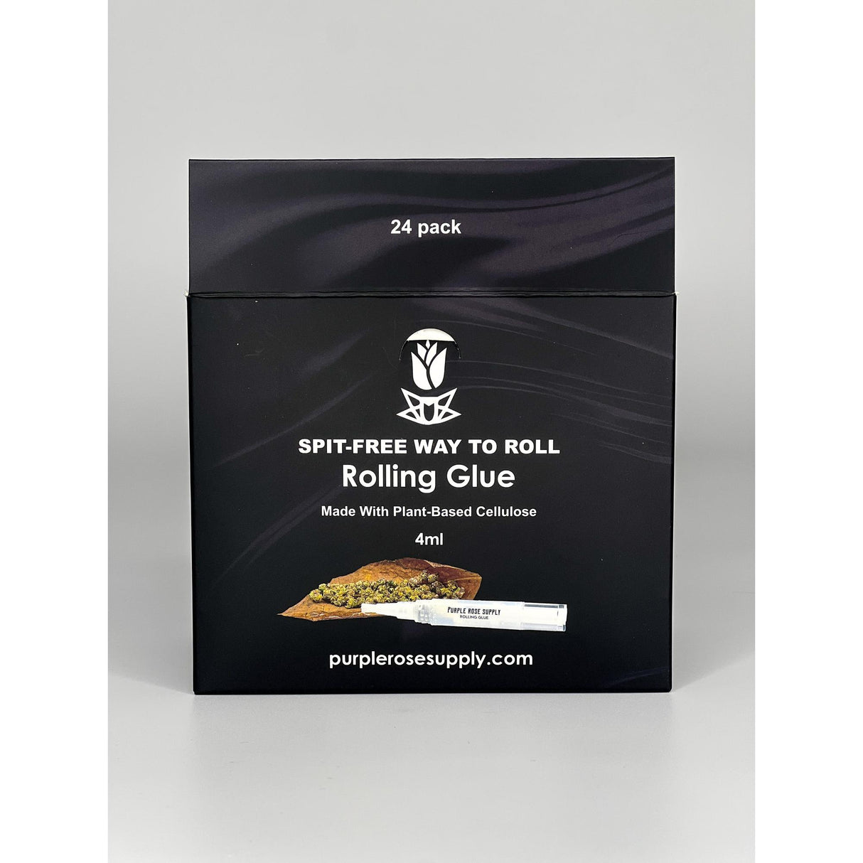 Rolling Glue Box - 4 ml - Carton of 24 featuring a black box with a plant image and logo, ideal for spit-free, precise rolling.