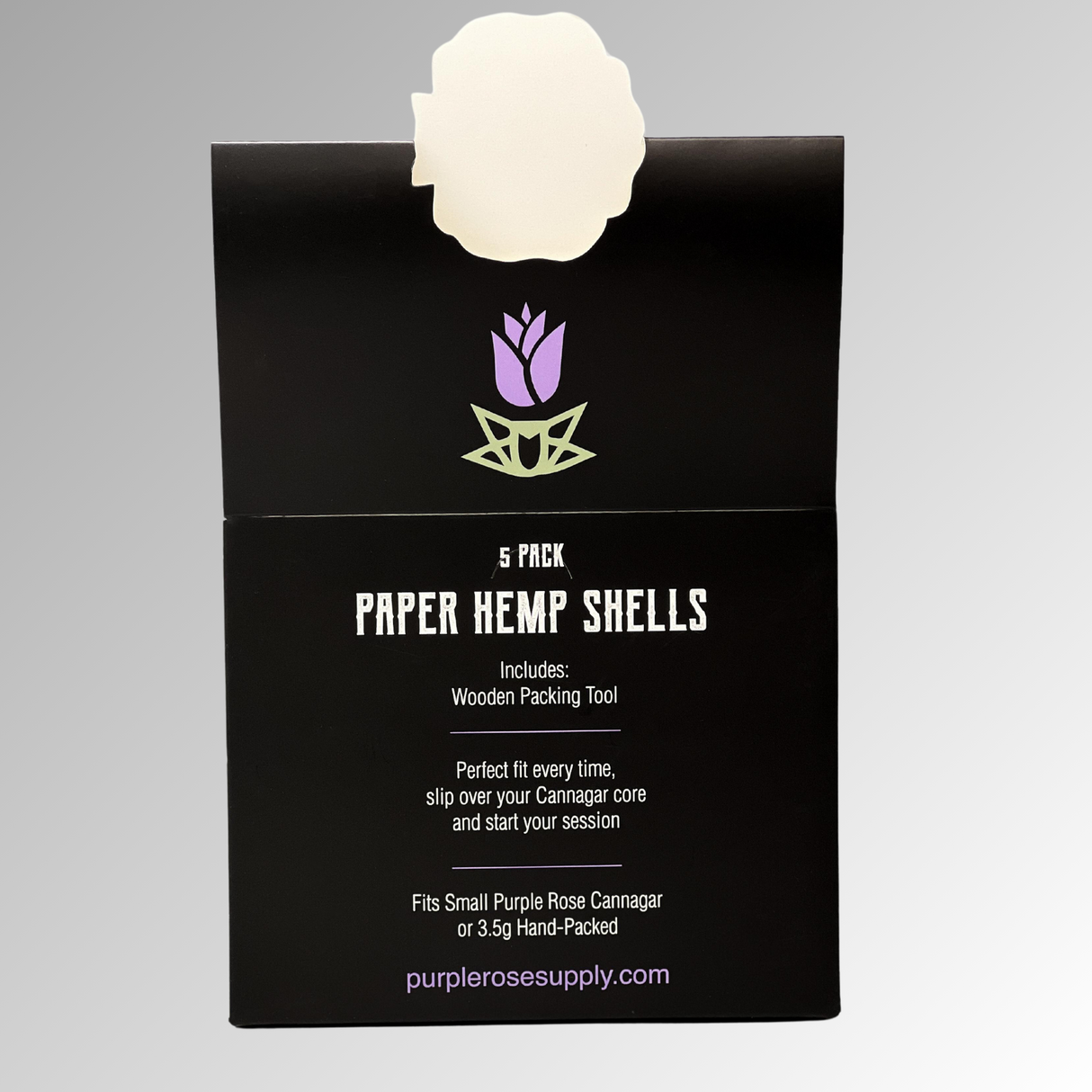 Small Shell Cones - Carton of 20, featuring black packaging with a purple flower, designed for creating premium cannagars or hand-packed for a custom smoking experience.