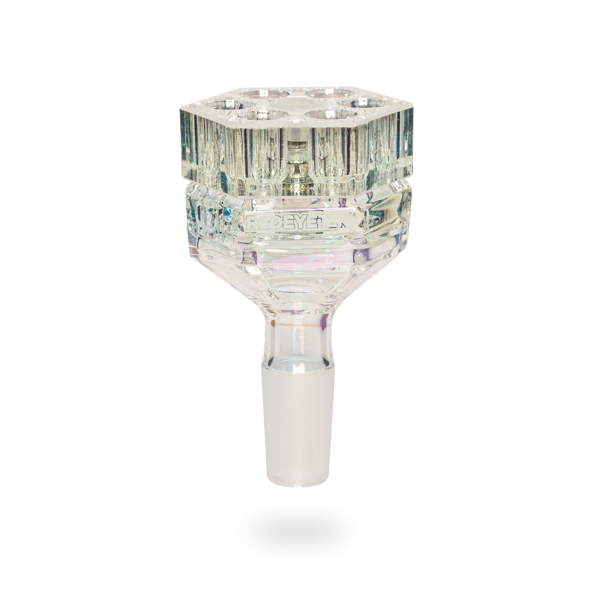 The image displays a clear glass 14mm Terminator Revolution Pull-Out Bowl V2 by Red Eye Tek, featuring a hex-cut grip and six Revolution chambers.