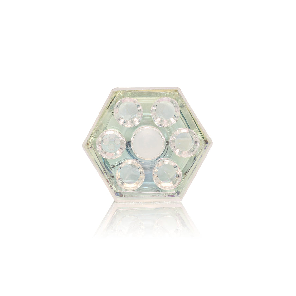 Hexagon-shaped acrylic block with seven lens-like elements, designed for light focusing, resembling the 14mm Terminator Revolution Pull-Out Bowl V2 for innovative multi-bowl smoking.