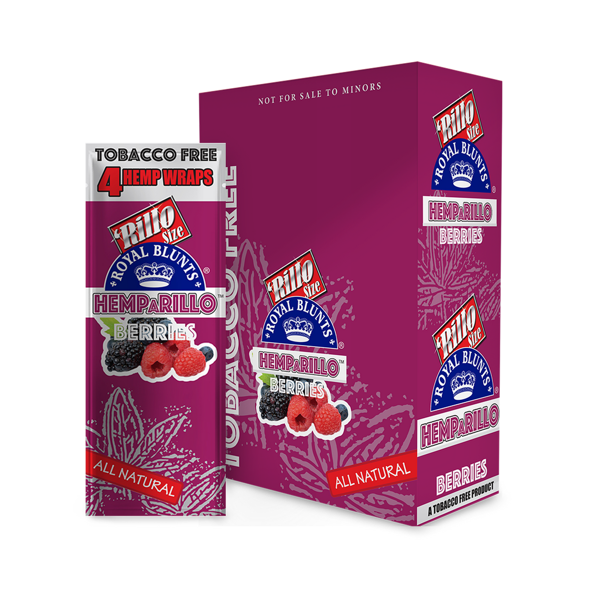 Hemparillo Wraps - Berries - Carton of 15, featuring hemp-based wraps with a mixed berry flavor, highlighted by close-up raspberry imagery on packaging.