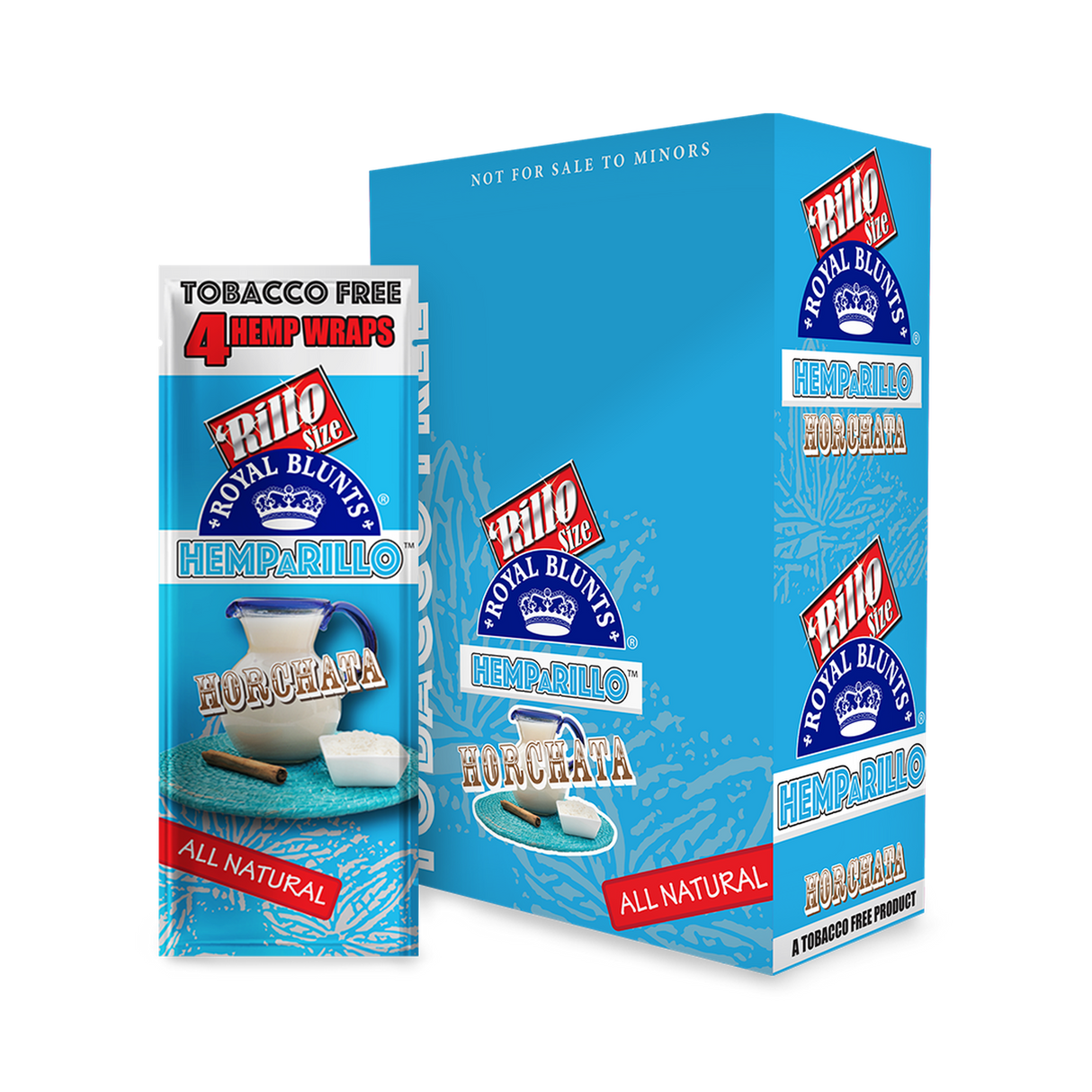 Hemparillo Wraps - Horchata - Carton of 15, featuring a blue and white package with a pitcher of milk, inspired by sweet, creamy horchata flavor.