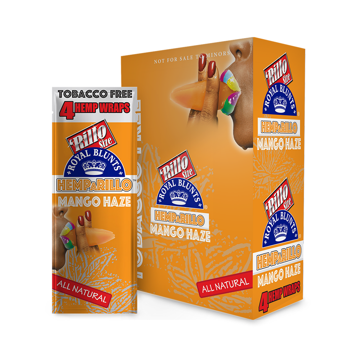 Hemparillo Wraps - Mango Haze - Carton of 15; box with mango-flavored hemp wraps, emphasizing slow burn and tropical taste. Ideal for dispensaries and head shops.