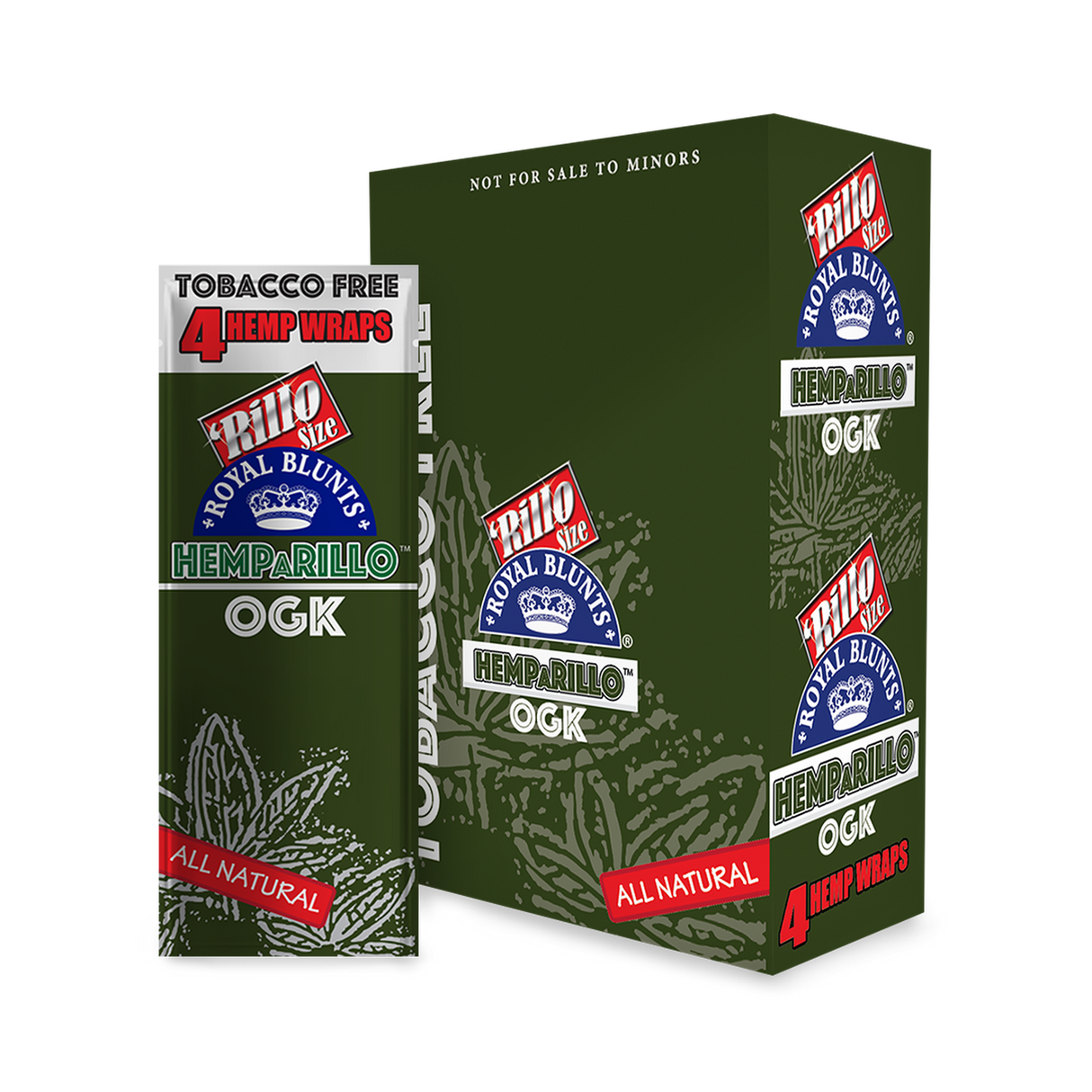 Hemparillo Wraps - OG Kush carton, featuring green packaging with brand logos, offering 15 packs of 100% hemp, slow-burning, tobacco-free wraps.