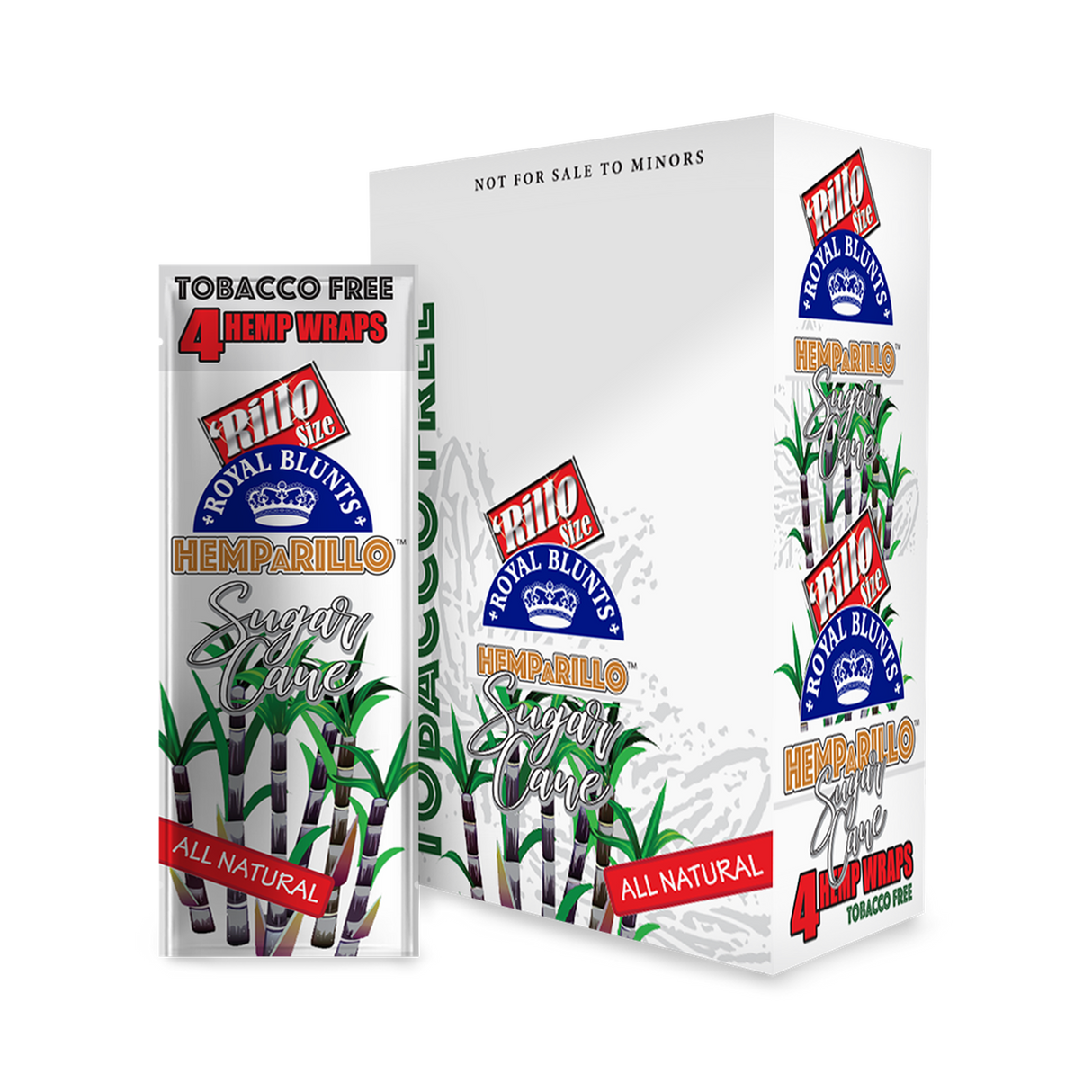 Hemparillo Wraps - Sugar Cane - Carton of 15, featuring a resealable pack with natural hemp wraps, visible box, and close-up of packaging detail.