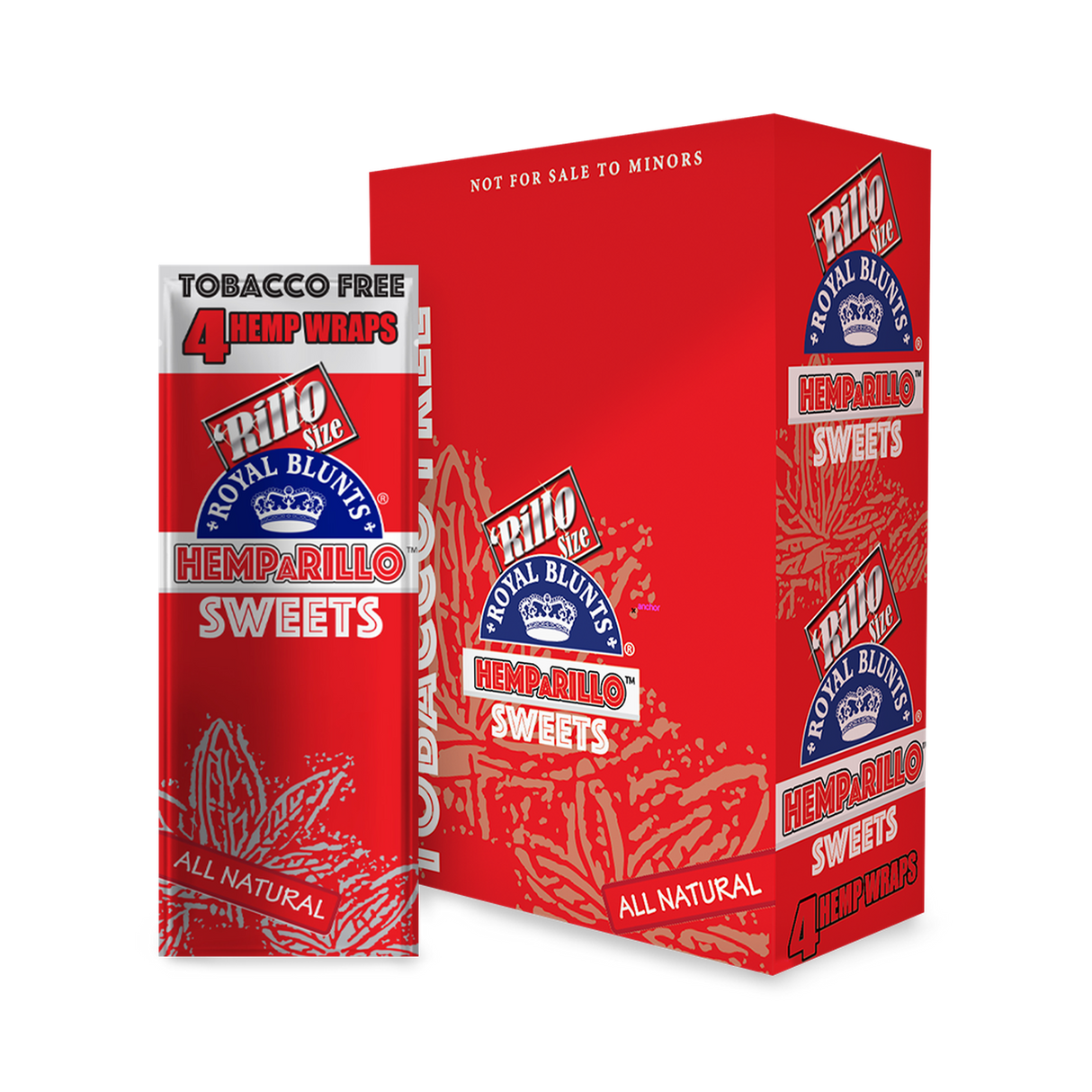 Hemparillo Wraps - Sweet - Carton of 15 featuring red packaging with white and blue text, offers all-natural, tobacco-free hemp wraps for a smooth smoking experience.