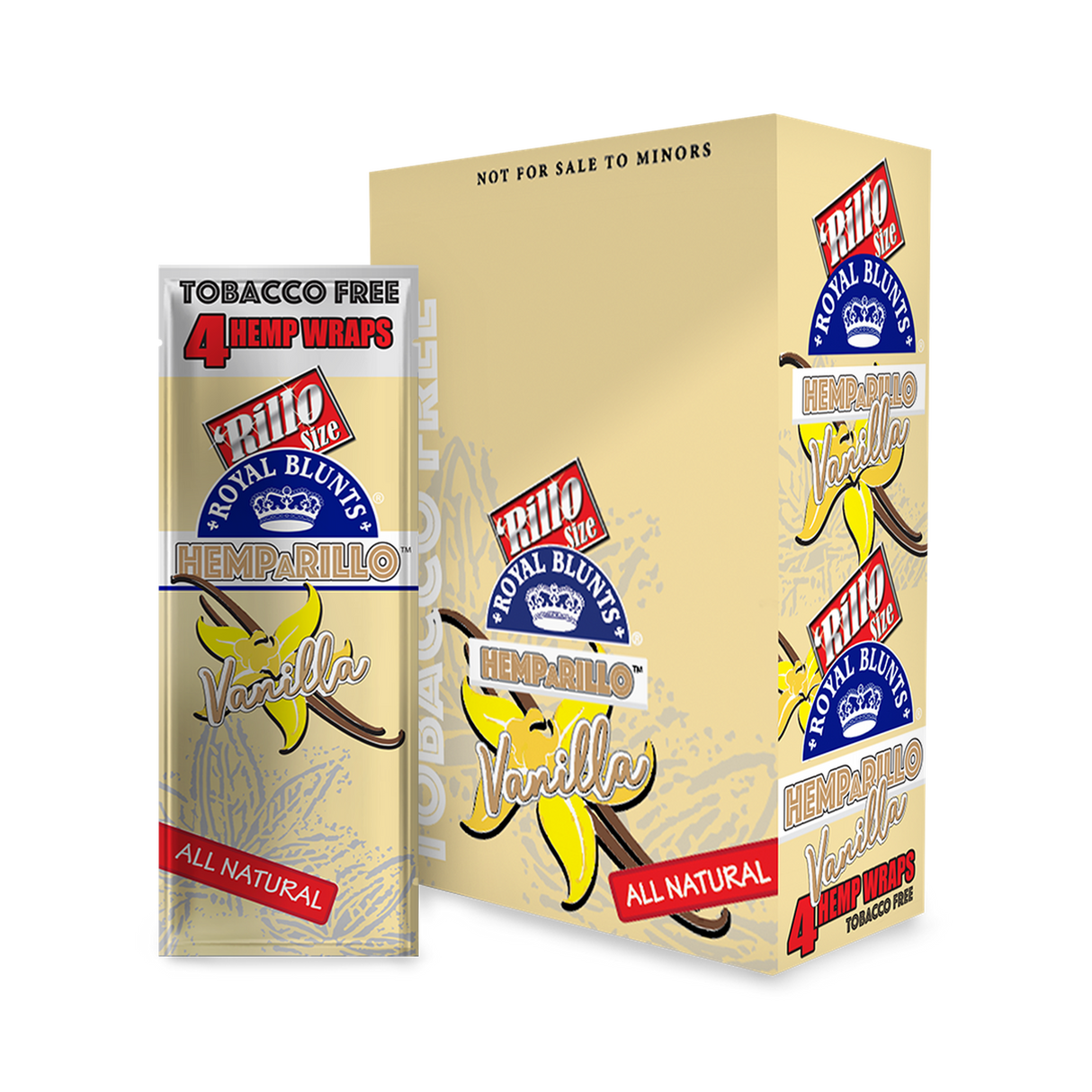 Hemparillo Wraps - Vanilla - Carton of 15, featuring a package of hemp wraps with smooth vanilla flavor, tobacco- and nicotine-free, ideal for smoke shops.