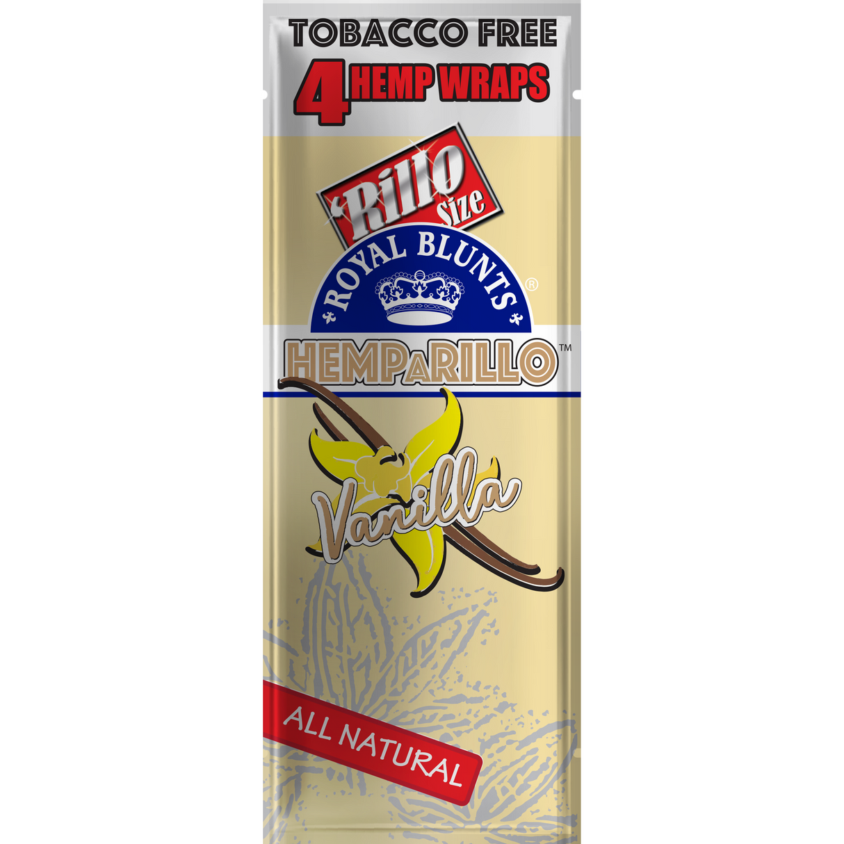 Hemparillo Wraps - Vanilla - Carton of 15, featuring smooth vanilla-flavored hemp wraps, tobacco- and nicotine-free, ideal for smoke shops, highlighted with graphic signs and text.