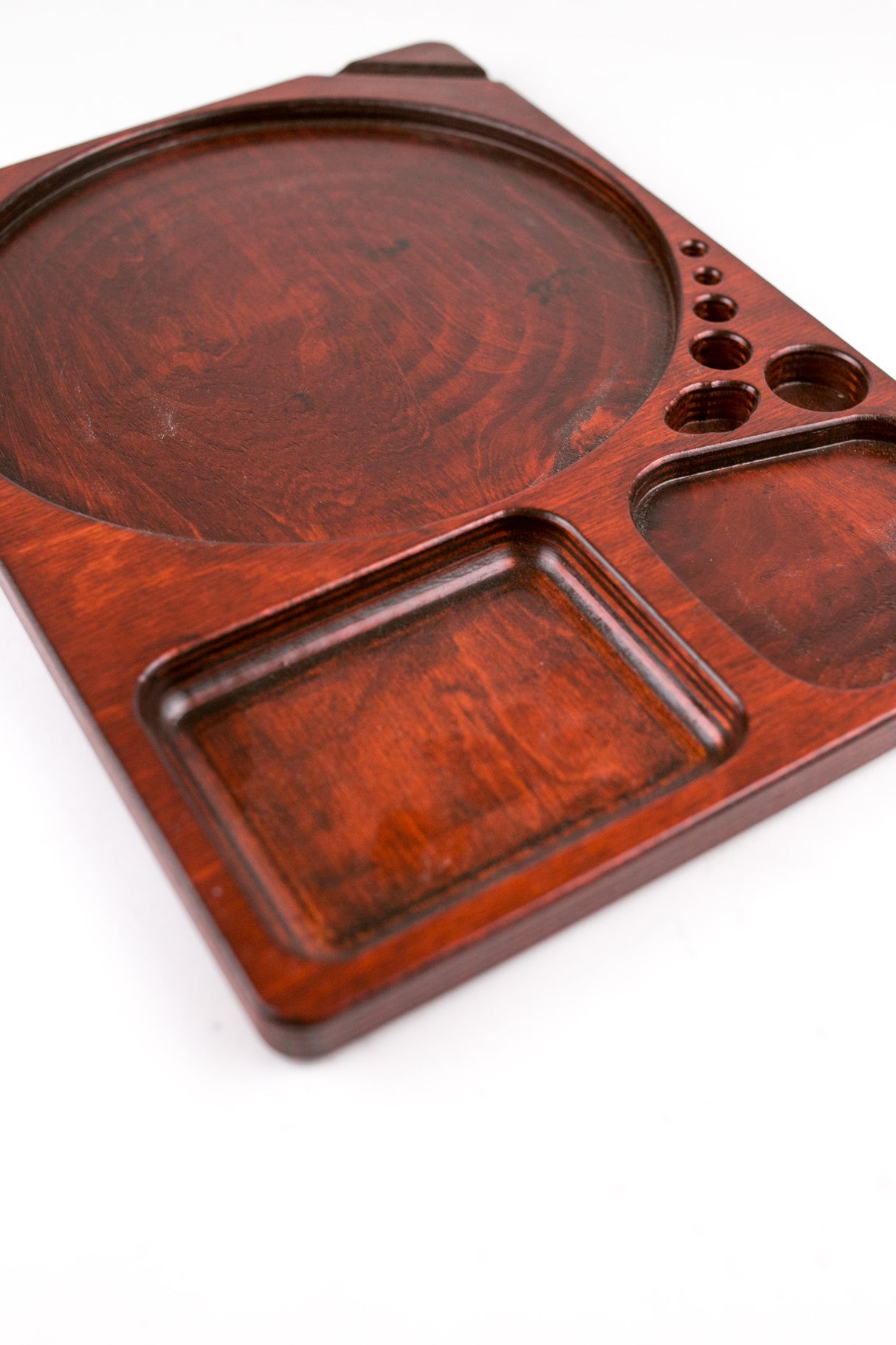 Solid-wood Blazy Susan Dab Tray with multiple compartments, including circular and rectangular wells, designed for organized setups and crafted from birch wood.