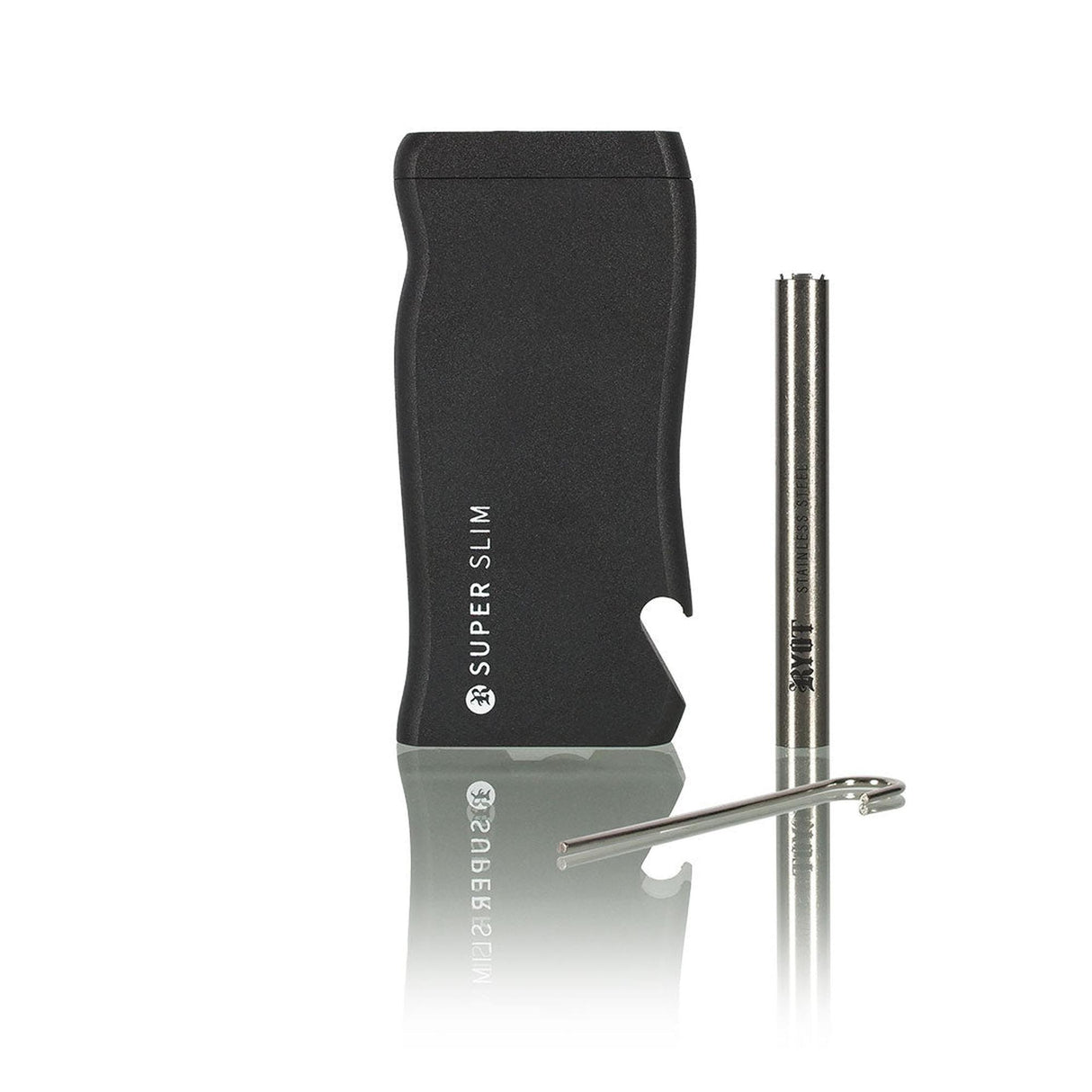 Super Slim Aluminum Dugout - Powder Coated - Black, showcasing its sleek metal body and stainless steel one hitter, emphasizing its durable, portable design for smoking convenience.