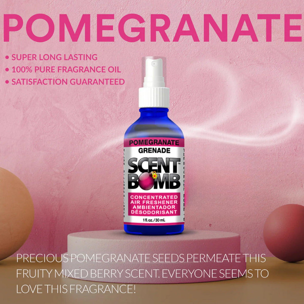 Concentrated Air Freshener - 1 oz bottle on platform, showcasing Scent Bomb's pure fragrance oil spray for long-lasting freshness without alcohol.