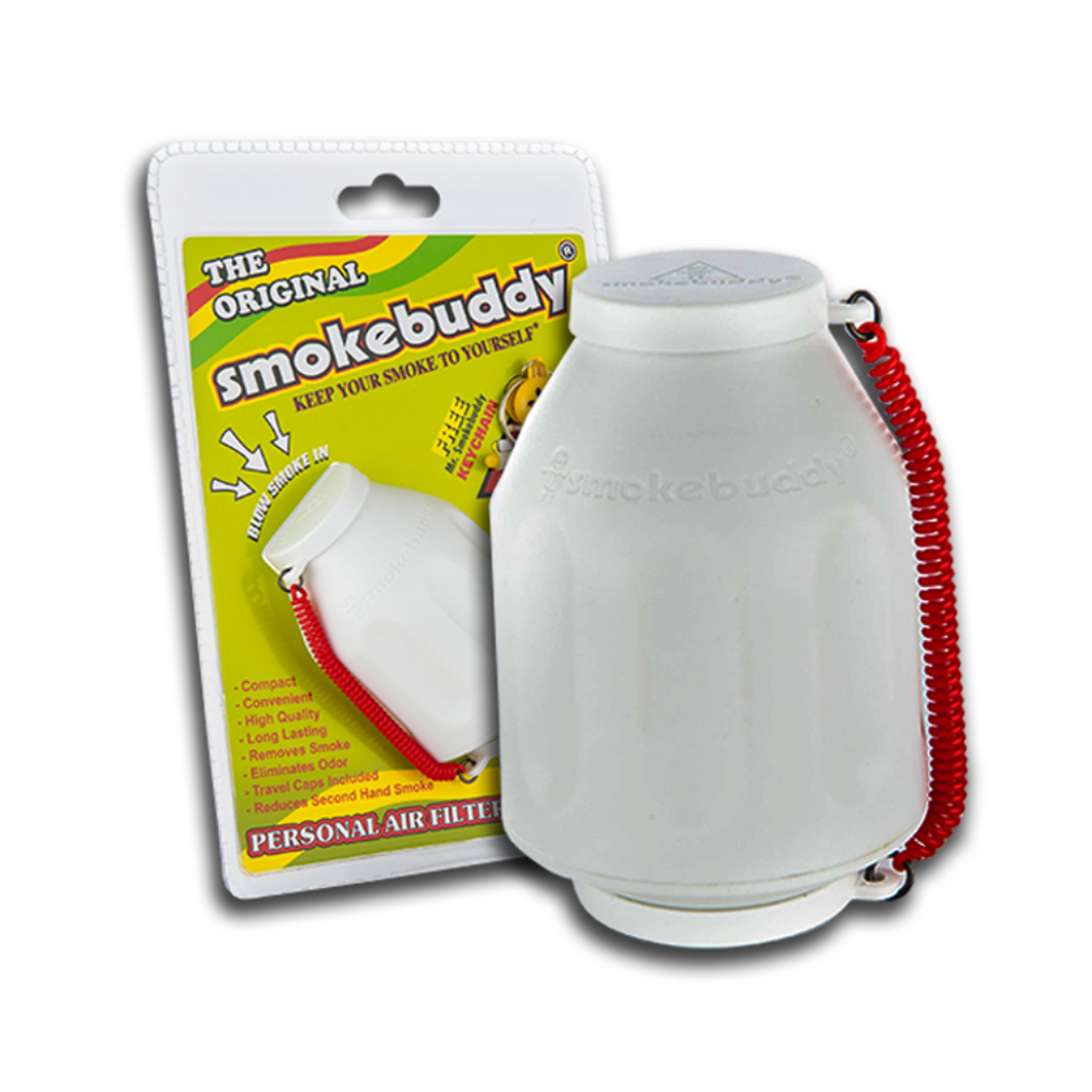 Smokebuddy Original Air Filter - White, featuring a compact design with a red strap, ideal for discreet indoor smoke and odor elimination.