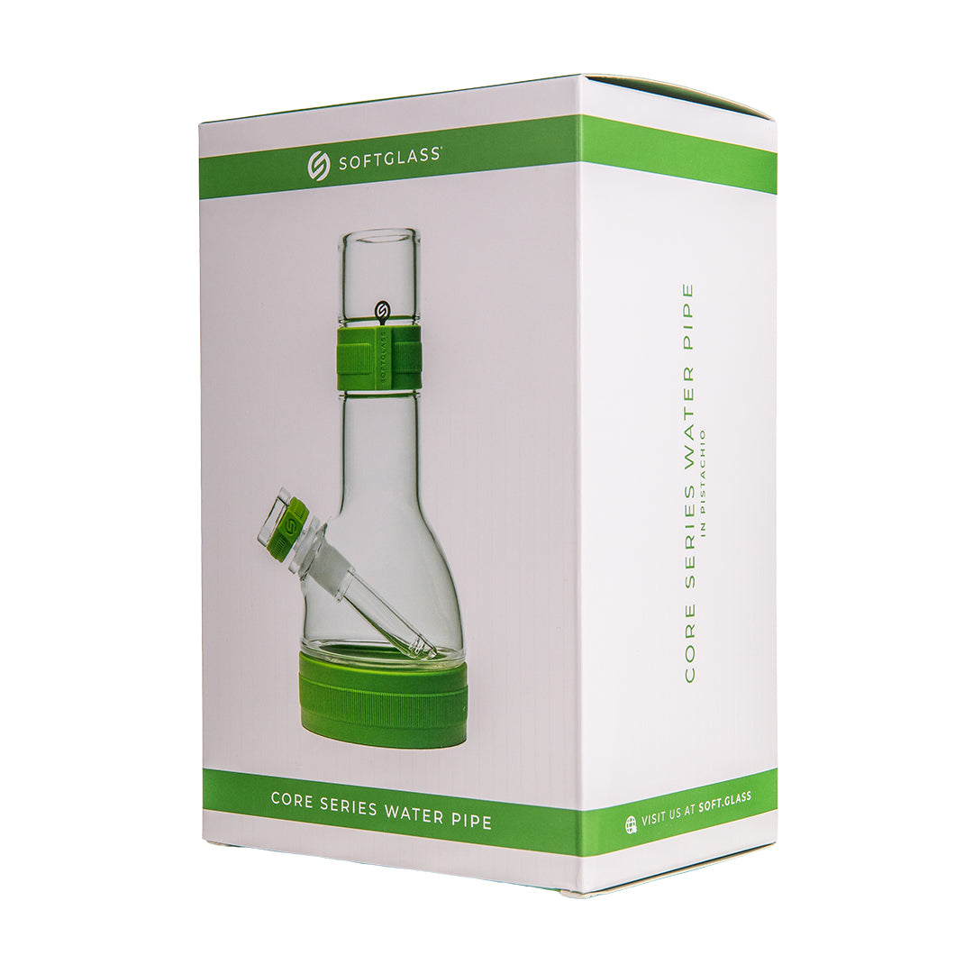 Box of a glass bong with green accents and SoftGlass branding.