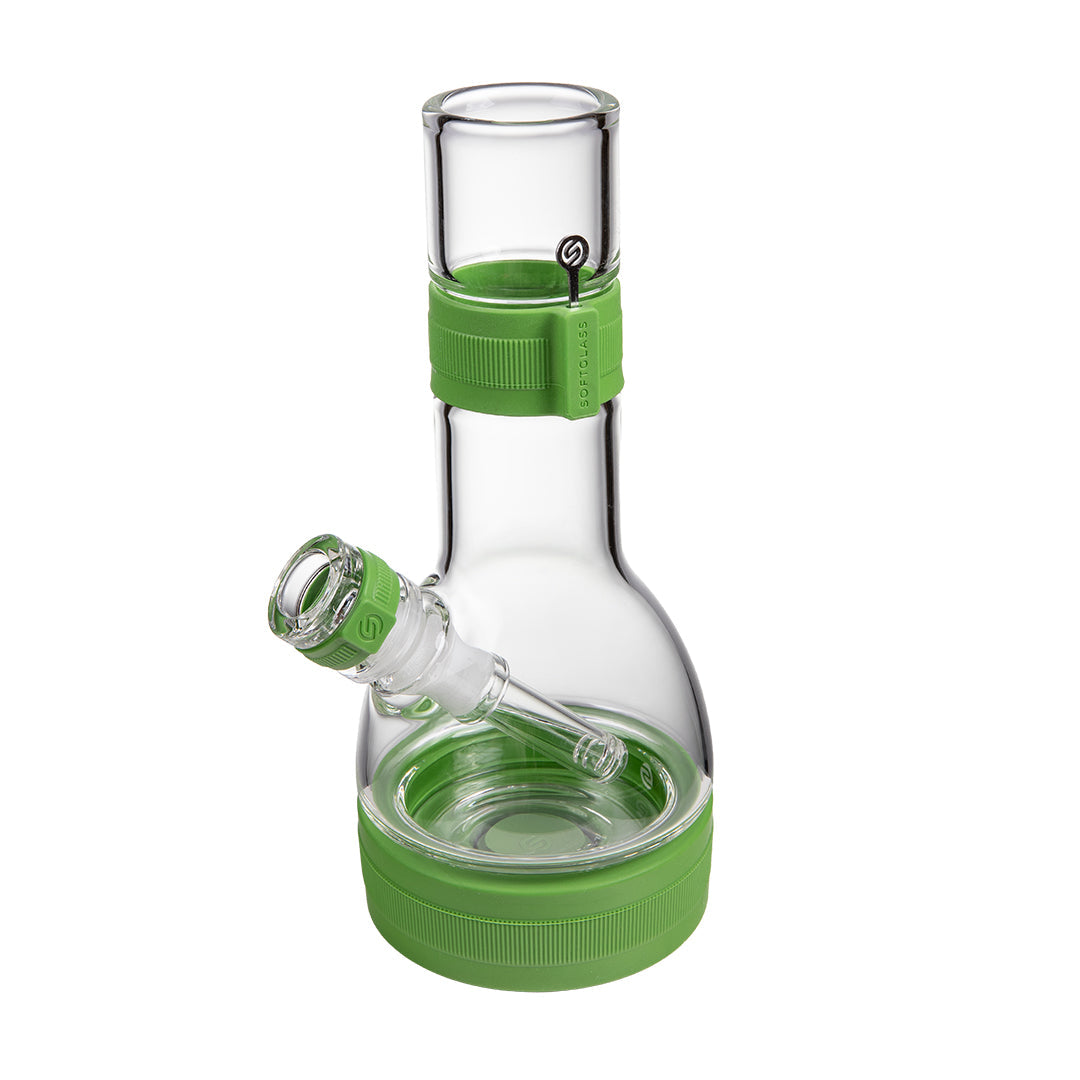 soft glass core bong clear glass with green accents on a white background