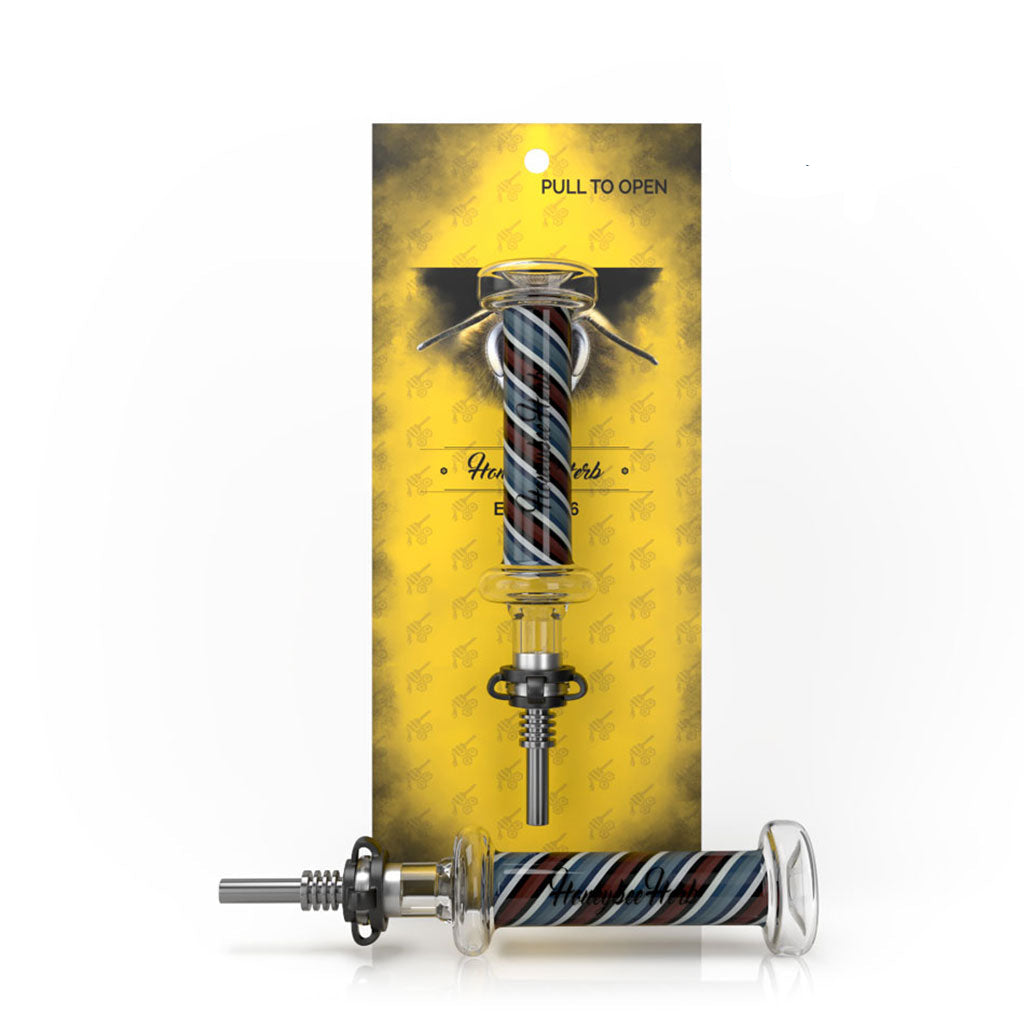 Candy Striped Nectar Collector in retail packaging, featuring a glass tube with titanium tip and flared mouthpiece, designed for convenient concentrate use.