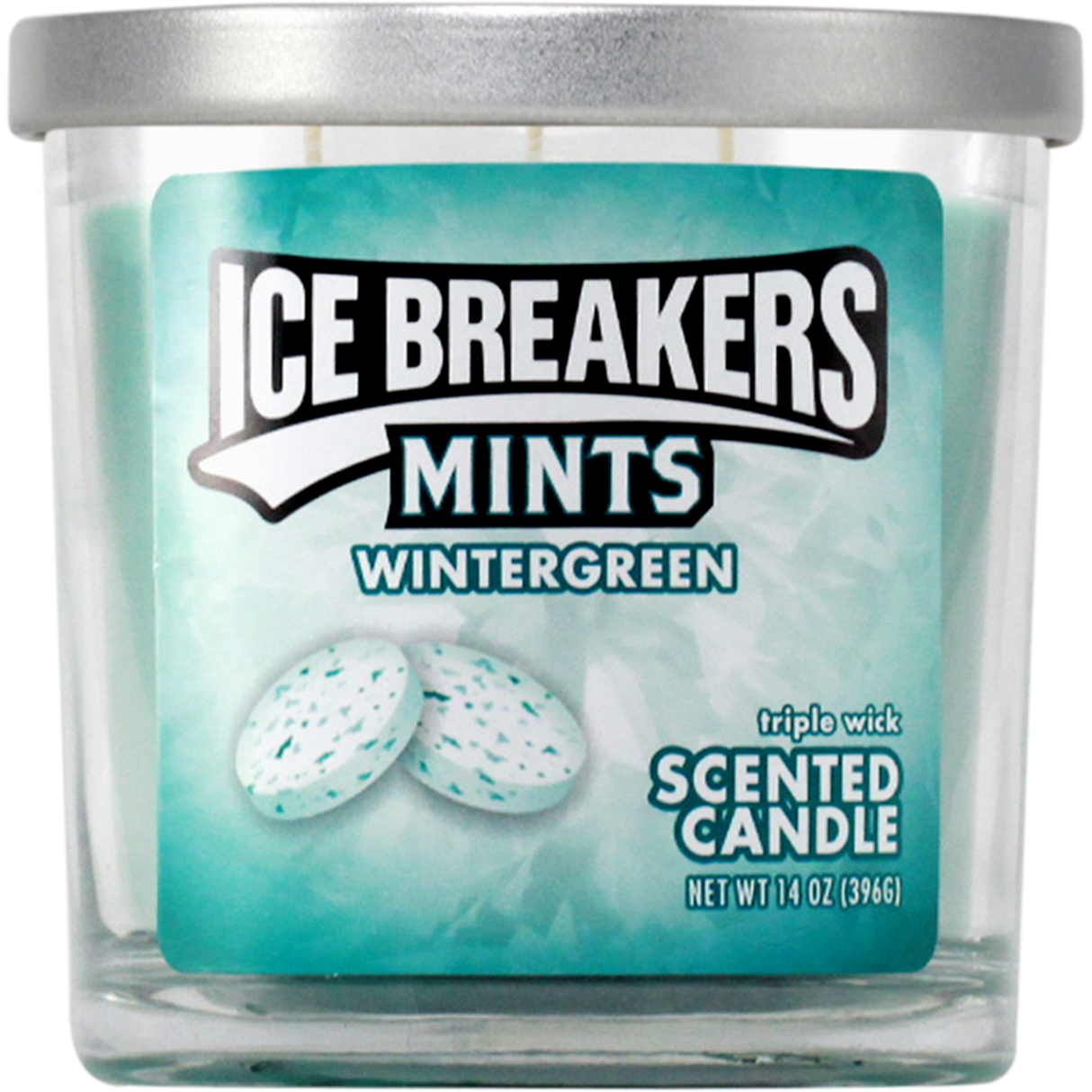 Scented Candle - Icebreakers Wintergreen in a labeled glass jar with three wicks, designed for a crisp wintergreen aroma, ideal for dispensaries.