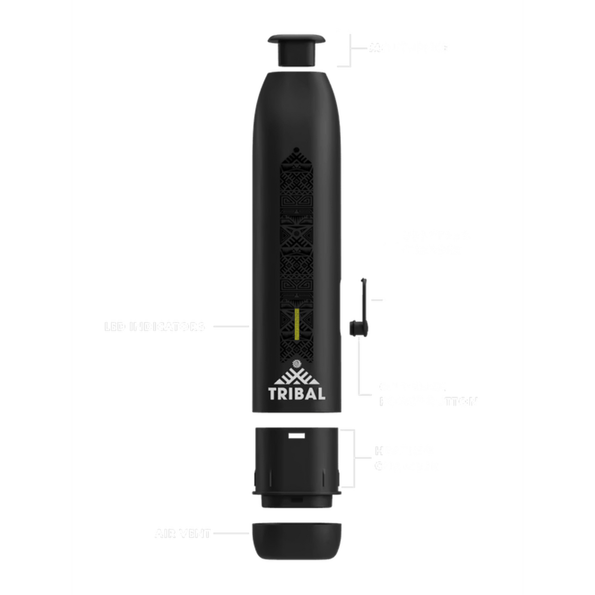 AEROLITH Dry Flower Vaporizer, a sleek black device with a yellow stripe, featuring one-button operation and LED heat indicators for easy use.