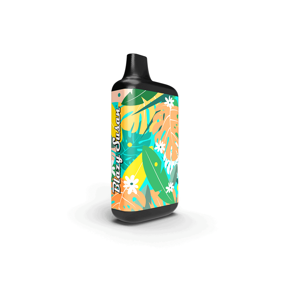 Blazy Susan Secret Box Battery: a handheld vape with tropical-leaf print, black mouthpiece, LED dashboard, and haptic feedback for adjustable voltage settings.