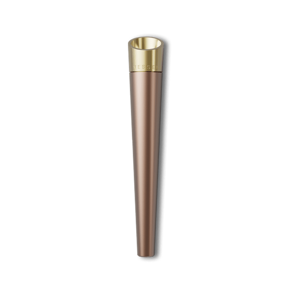Vessel Cone One Hitter, a slim, bronzed pen-style vaporizer battery with a gold-tone top, designed for threaded vape cartridges, merging style with functionality.