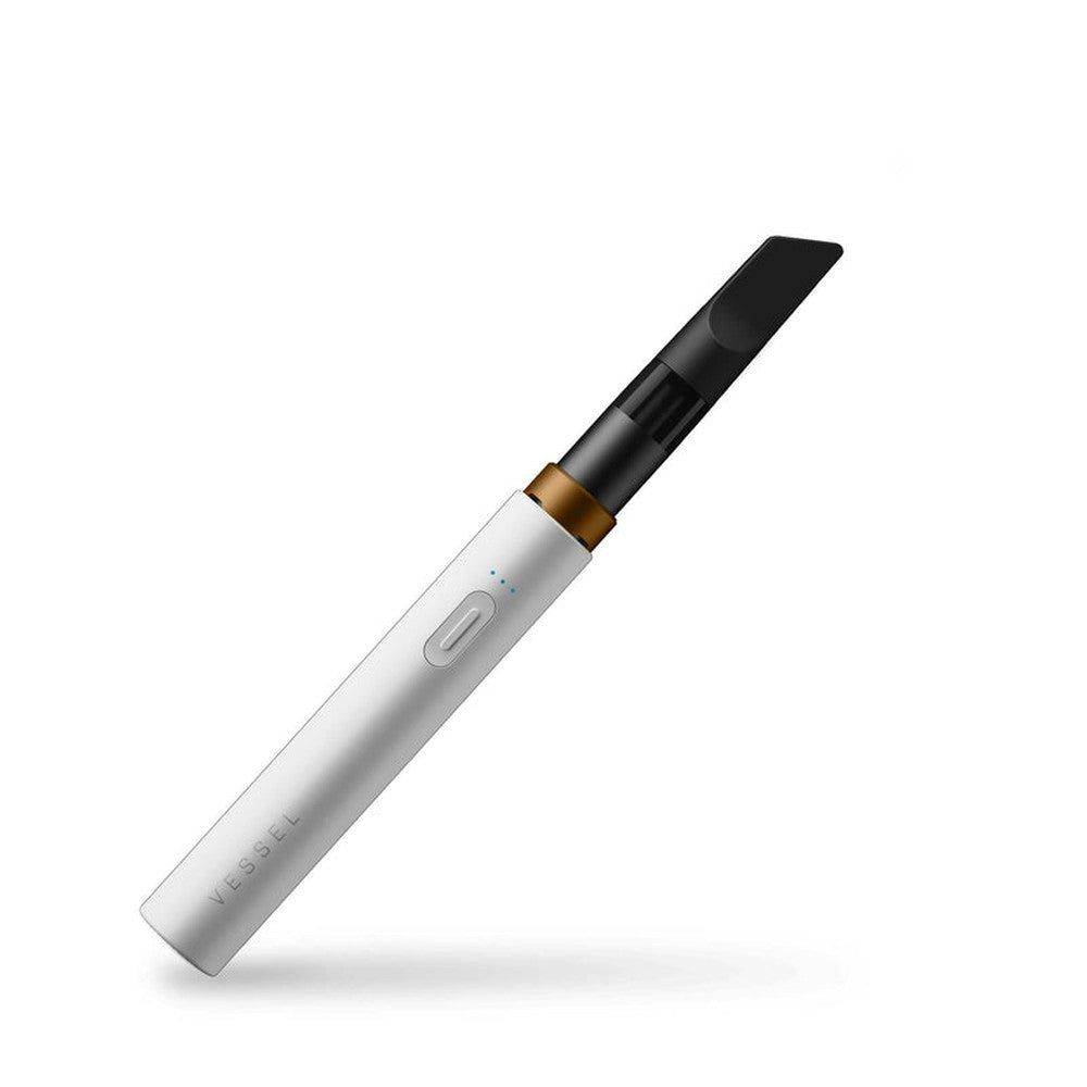 Slim Vessel Core 510 Thread Battery with a sleek pen-style design, featuring an attached mouthpiece and three LED indicators for battery life tracking.