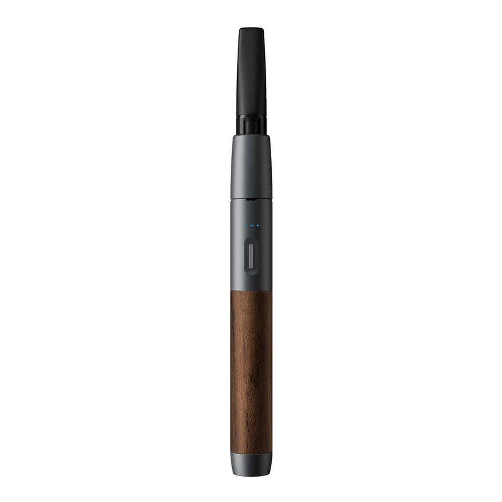 Craftsman 510 Thread Battery - Slate/Walnut: Slim vape pen with a metal top, wood-grain grip, three LEDs, power button, USB charging port, and walnut-slate design.