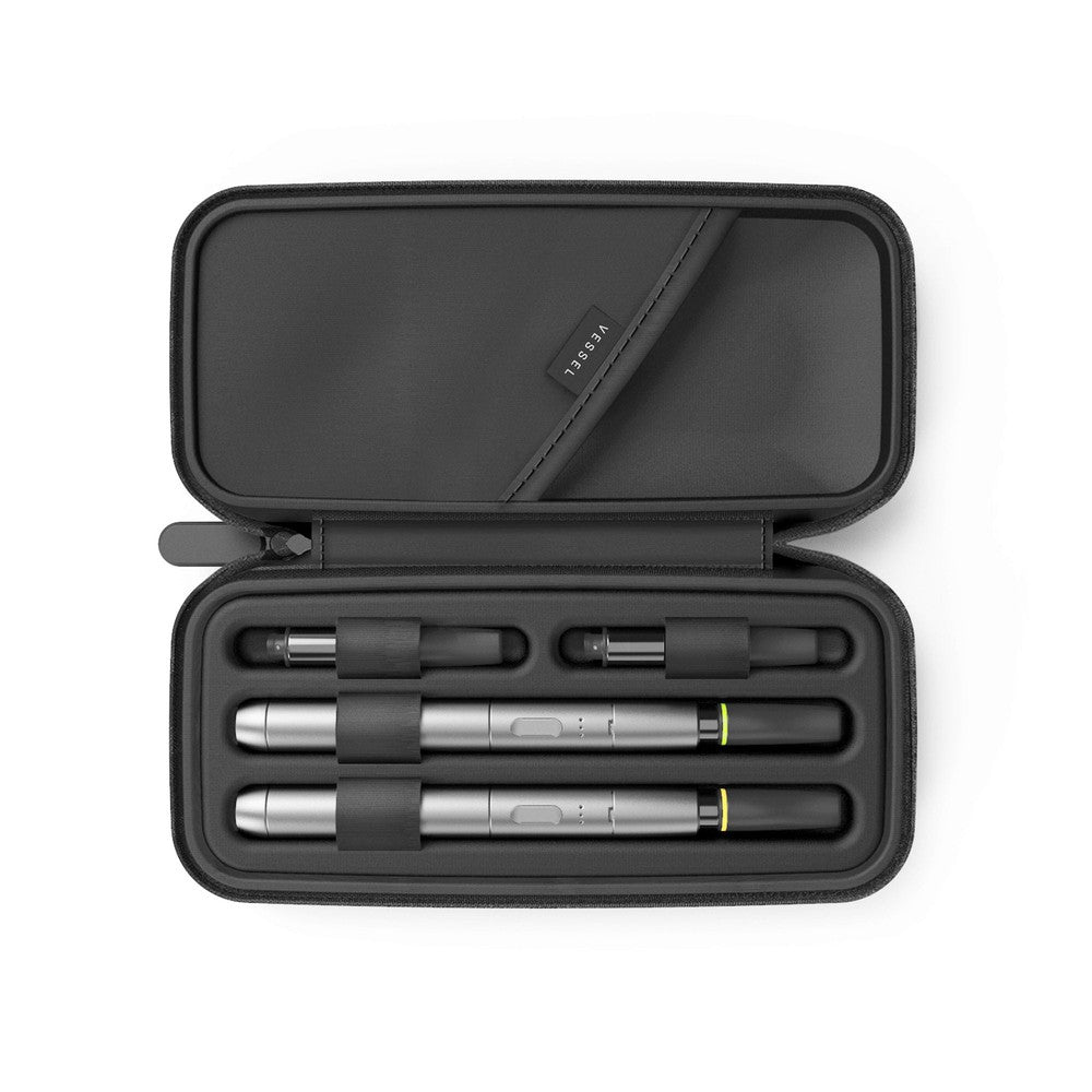 Rover Storage Case - Black, open flat showing slots for two pen-style batteries and cartridges, with molded EVA interior for secure, organized travel storage.