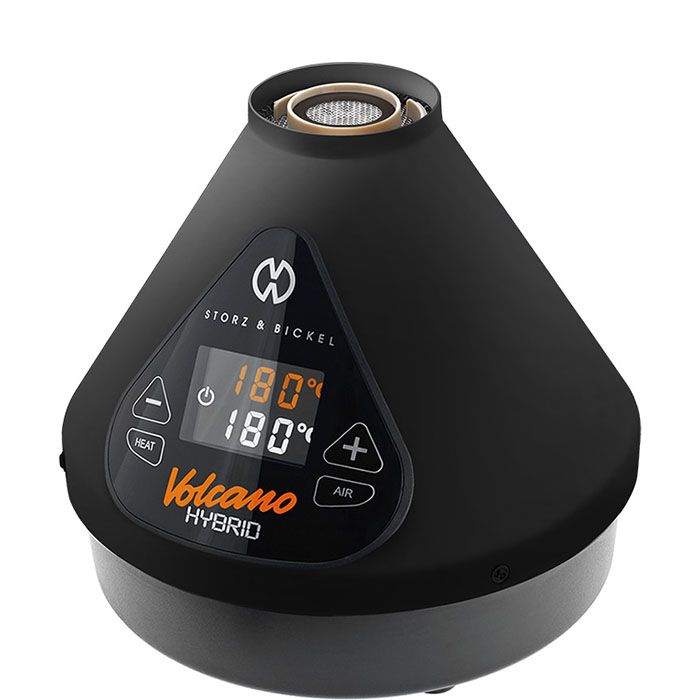 VOLCANO HYBRID Dry Herb Vaporizer with digital controls, showing 180°C on display, featuring Heat/Air buttons for precise vaporization of herbs or concentrates.
