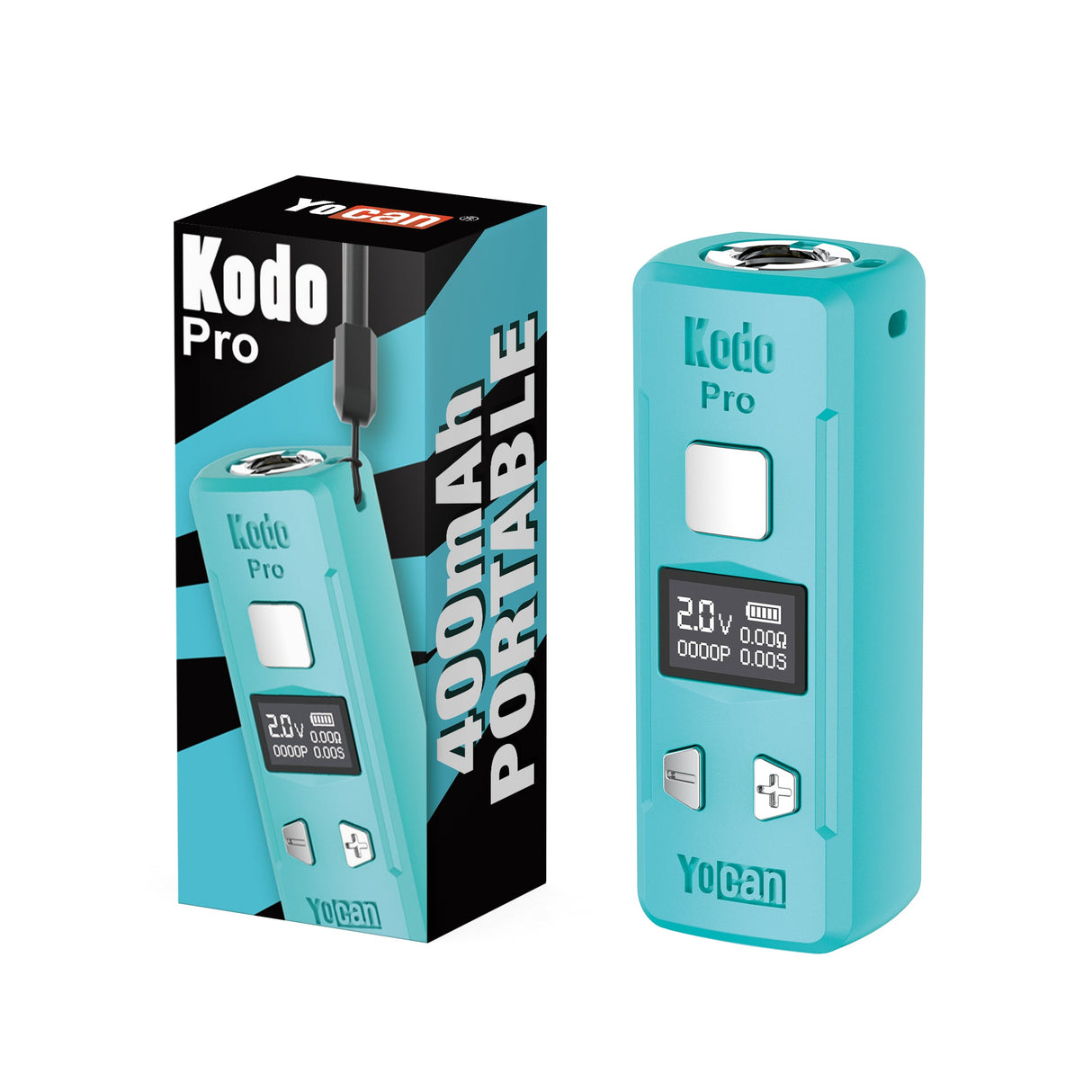 Kodo Pro Digital 510 Battery 1 unit with turquoise finish, digital display, and adjustment buttons, shown with packaging; compact, 510-threaded for customizable vaping.