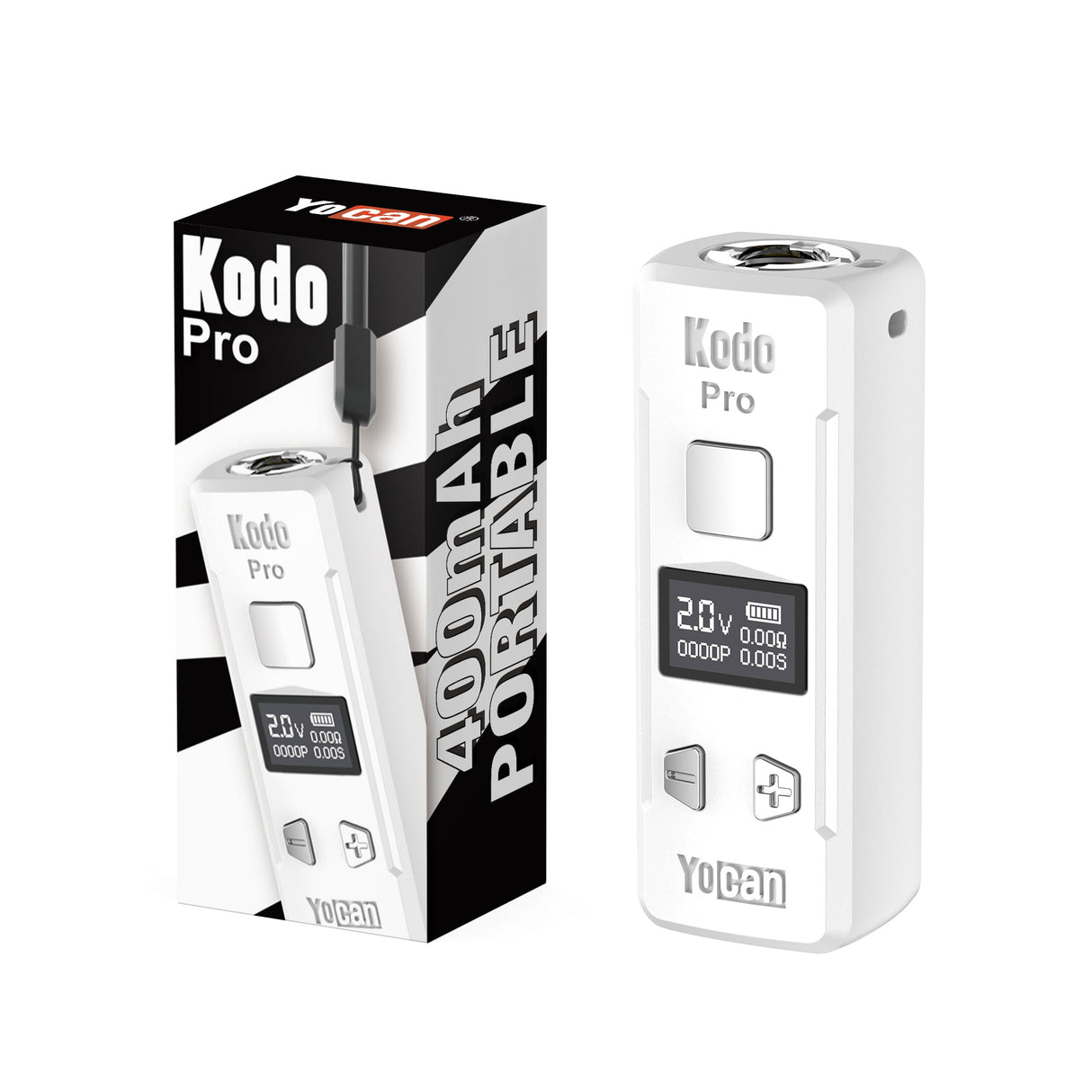 Kodo Pro Digital 510 Battery: Compact vape battery with OLED screen, square firing button, adjustment buttons, and 510-threaded top. Includes matching retail box.
