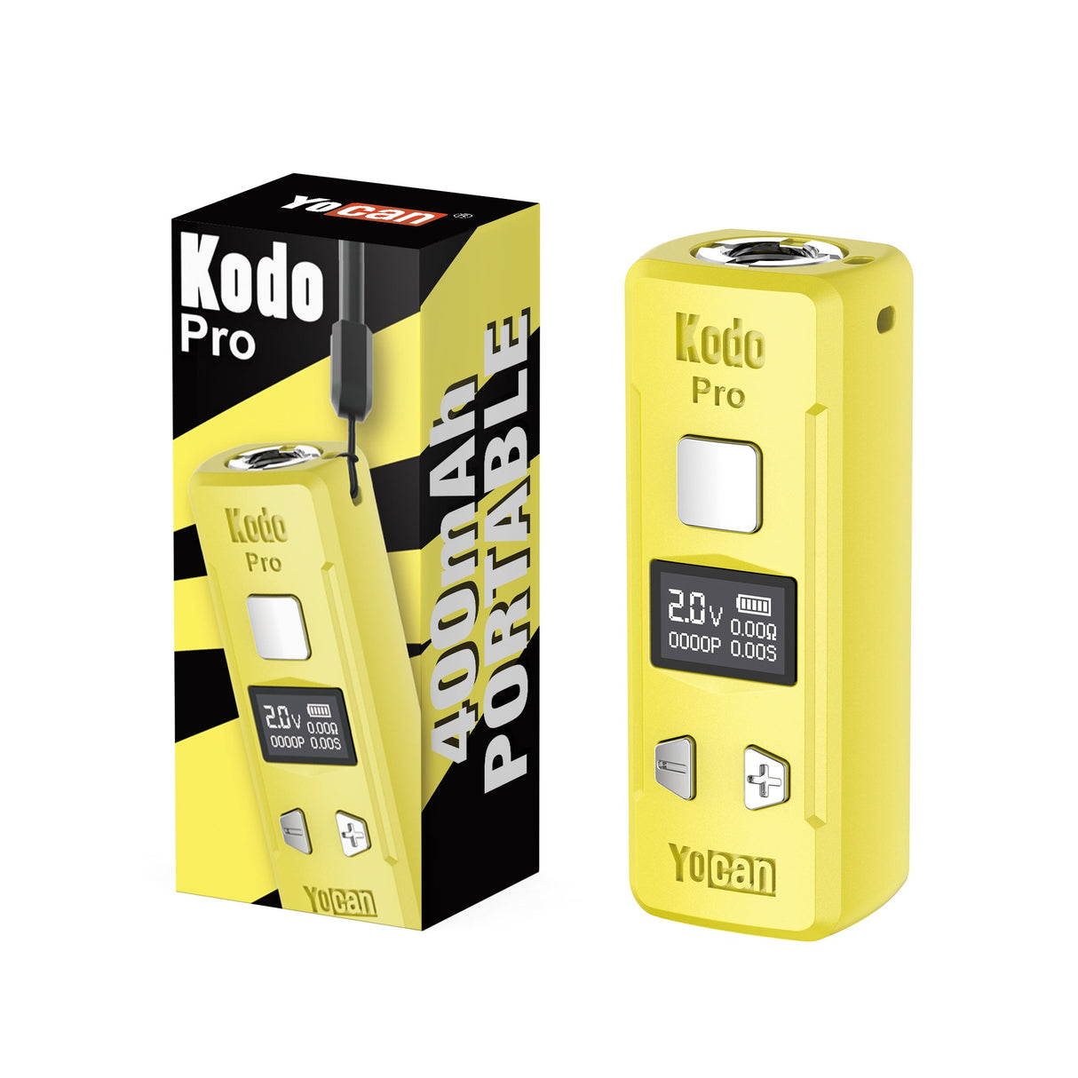 Kodo Pro Digital 510 Battery, yellow, with digital display, fire button, adjustment buttons, and 510 connector. Retail packaging highlights 40W portability.